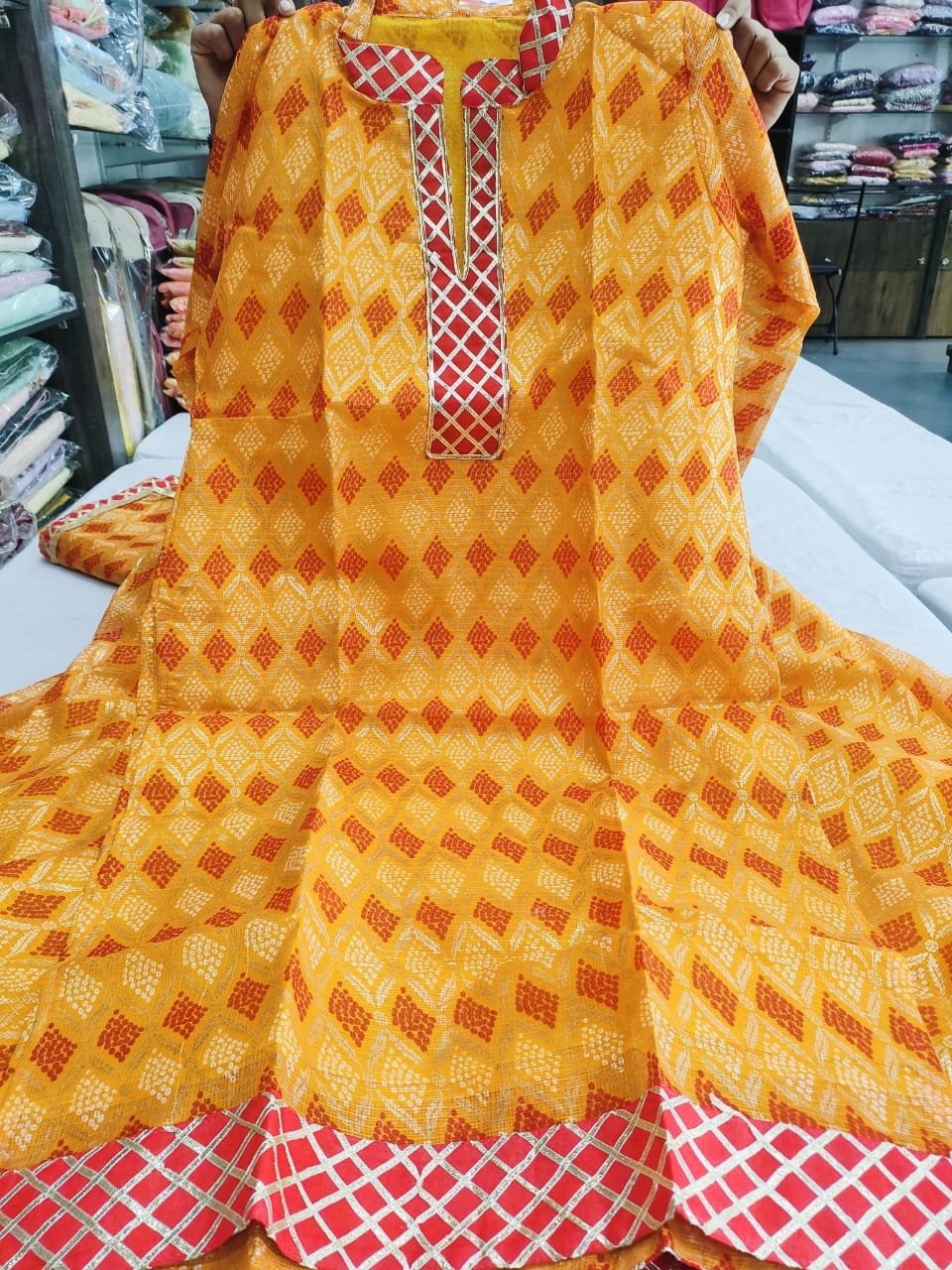 502006 Designer Kota Doria Dress with Lehanga and Dupatta