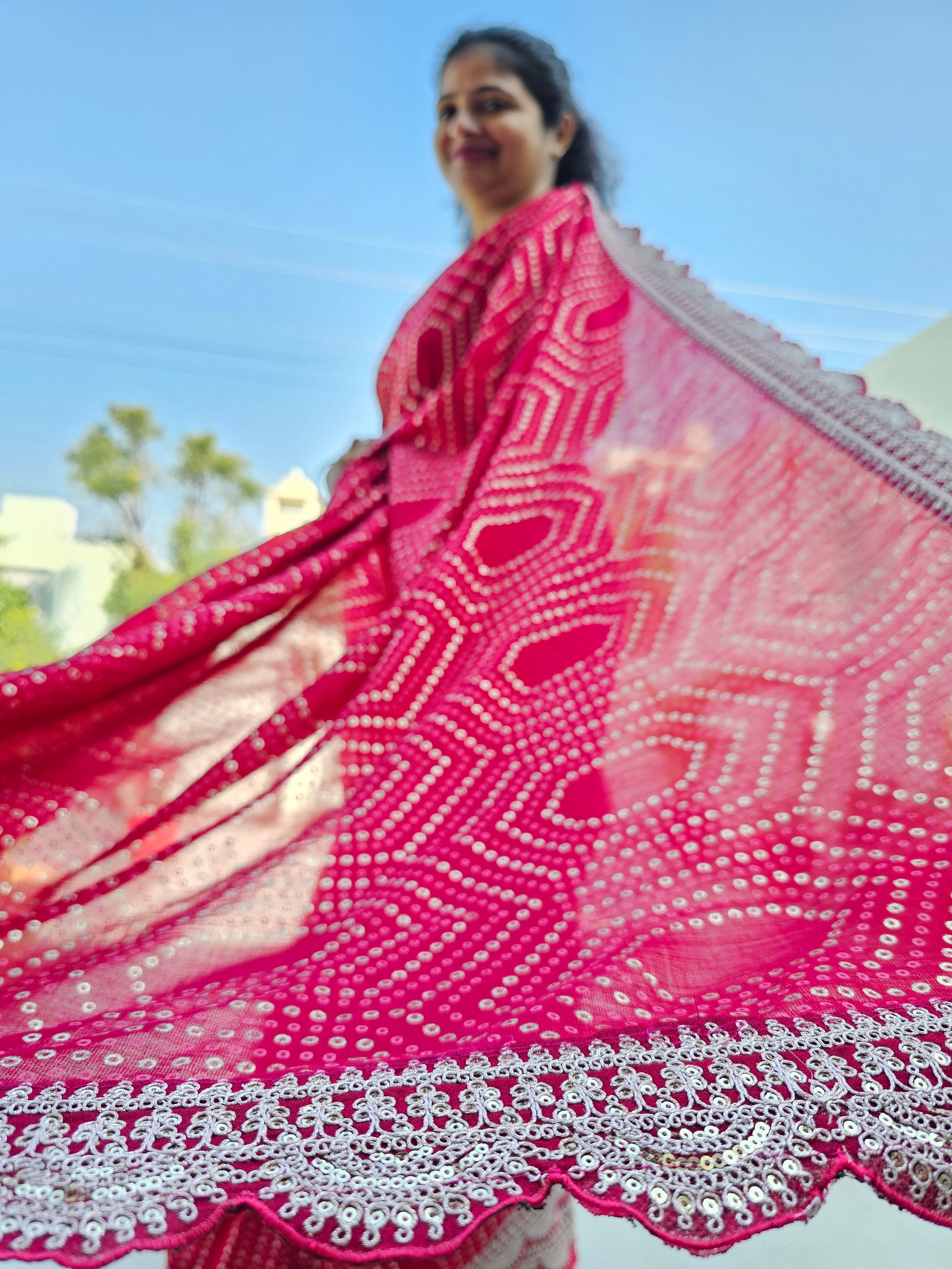 Designer Bandhani Saree With Ready made Stitched Blouse-Rani