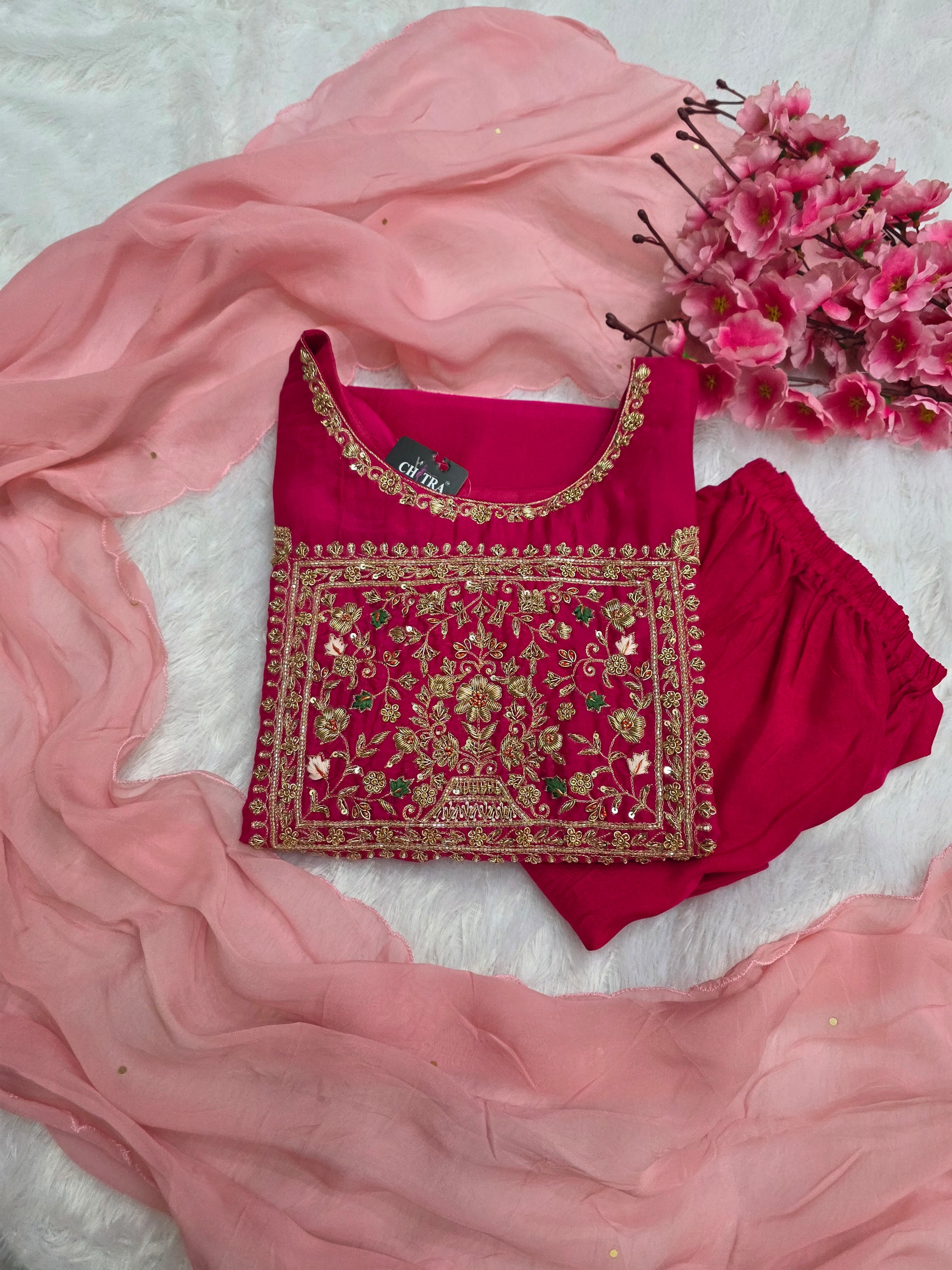 C77001 Exclusive Silk Party Wear Dress With Hand Zardosi Work