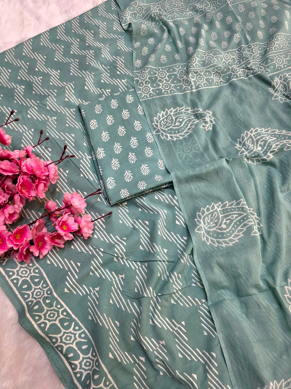 804007 Pure Malmal Cotton Hand Block Print Unstitched Suit