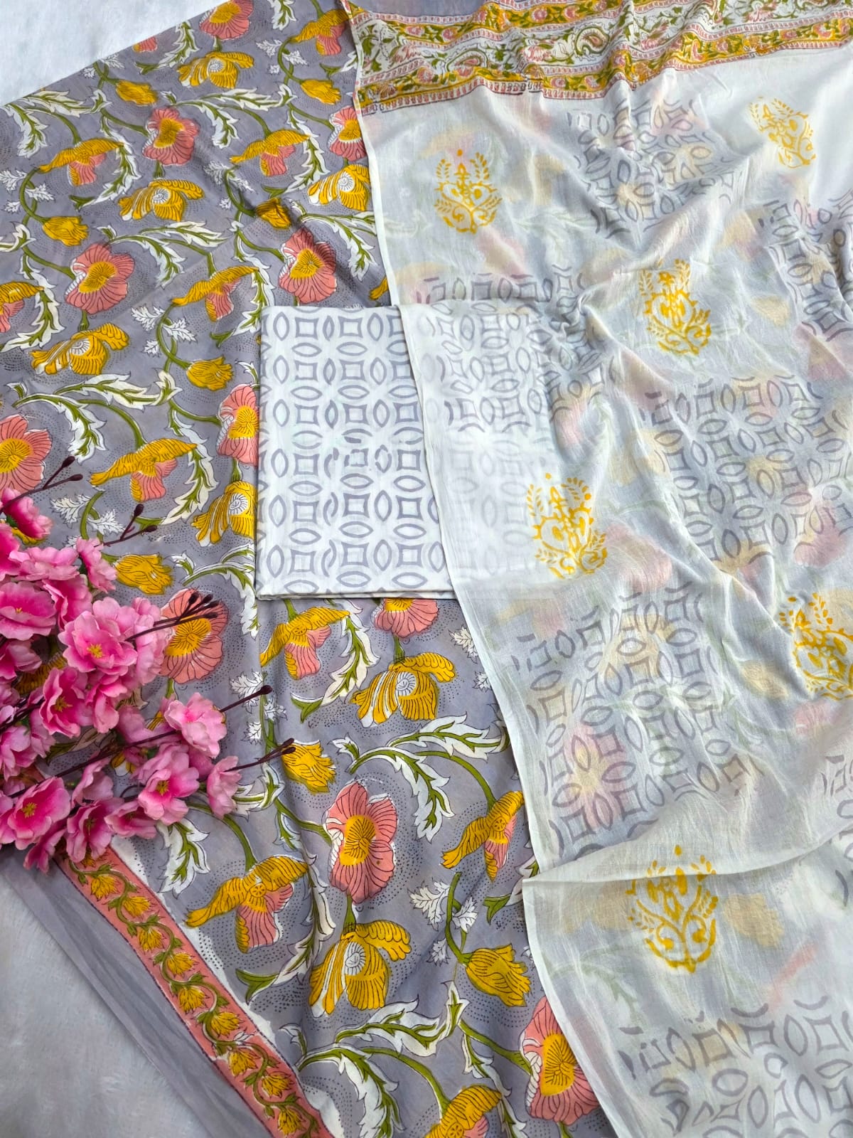 804004 Pure Malmal Cotton Hand Block Print Unstitched Suit