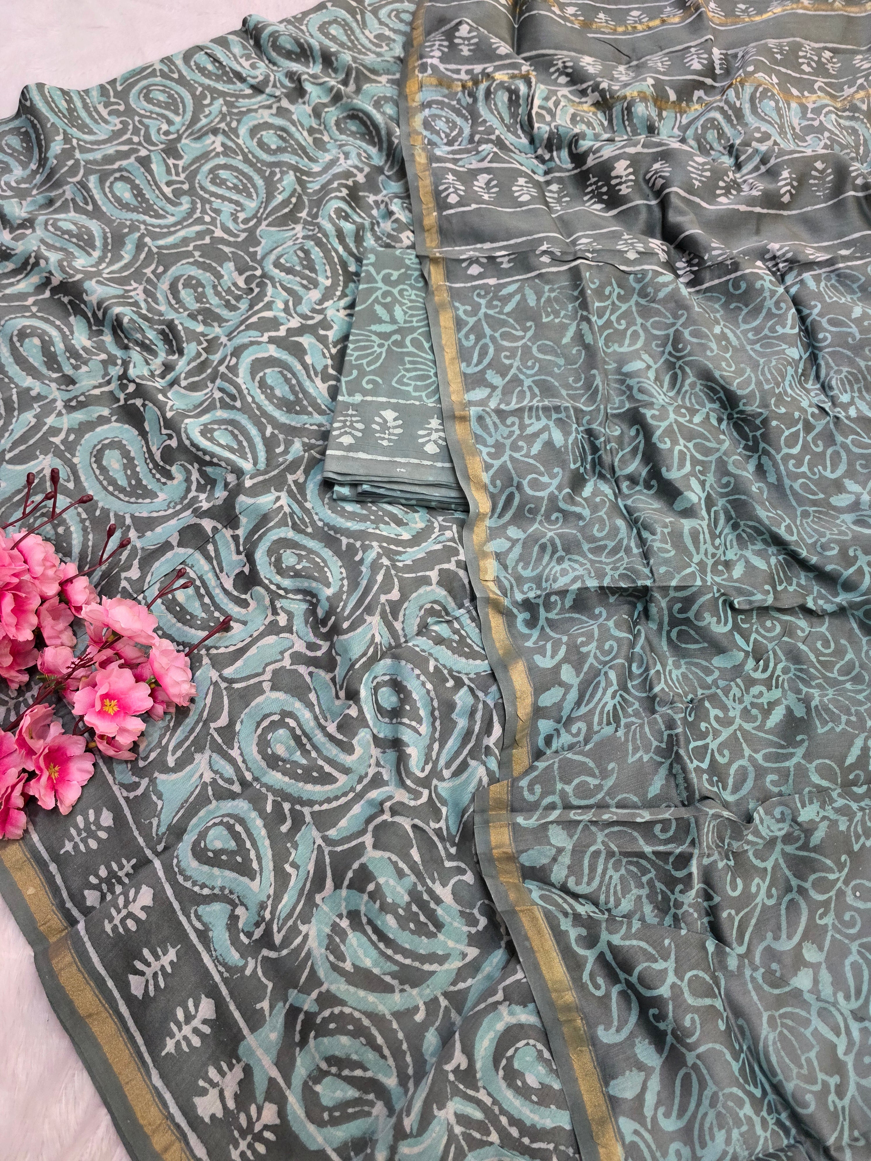 812011 Pure Chanderi Cotton Silk Handmade Print Unstitched Suit