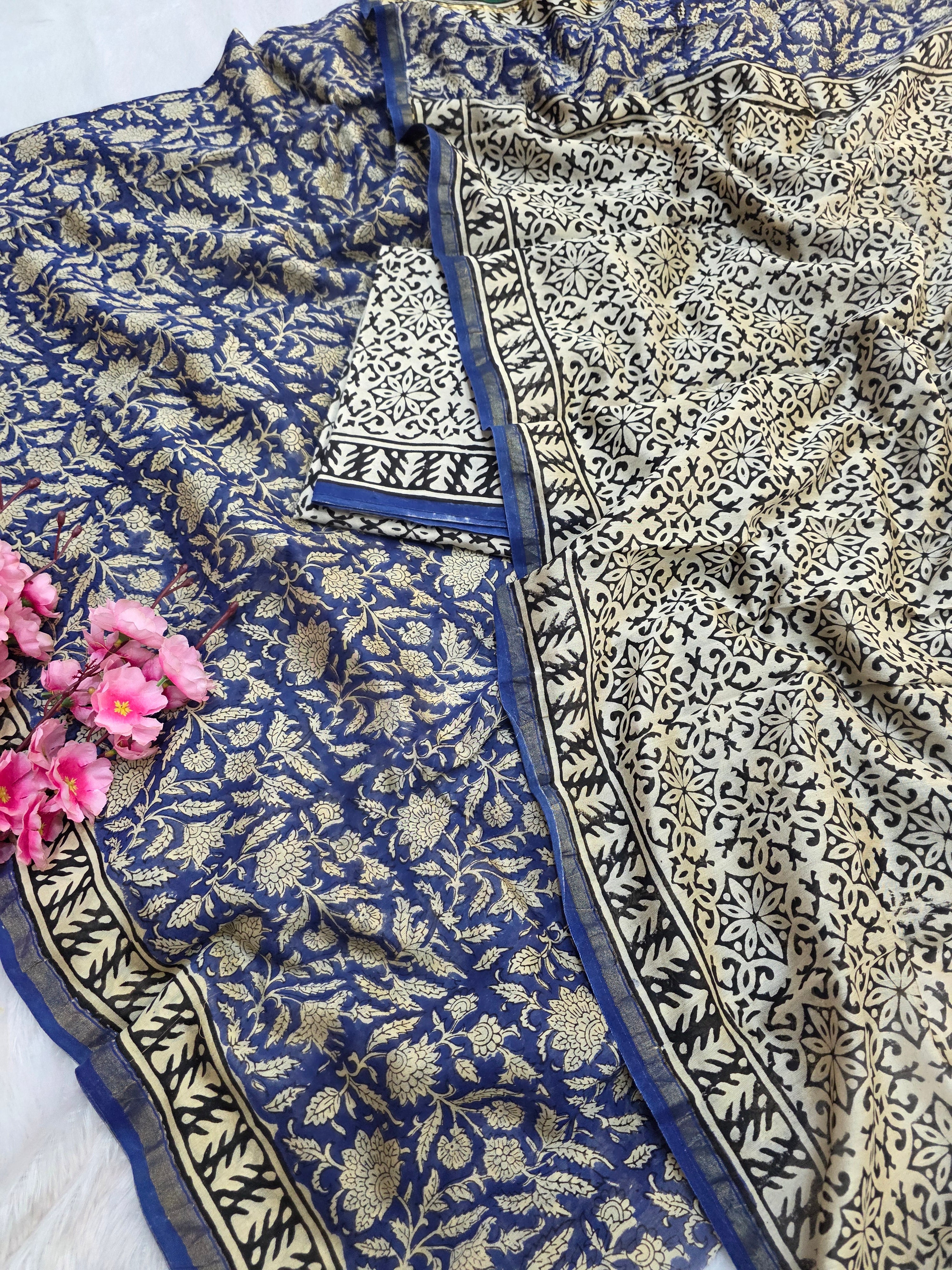 812009 Pure Chanderi Cotton Silk Handmade Print Unstitched Suit