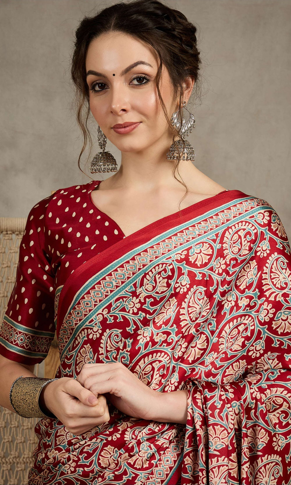 823003 Trending Ajrakh Print Semi Modal Silk Red Saree