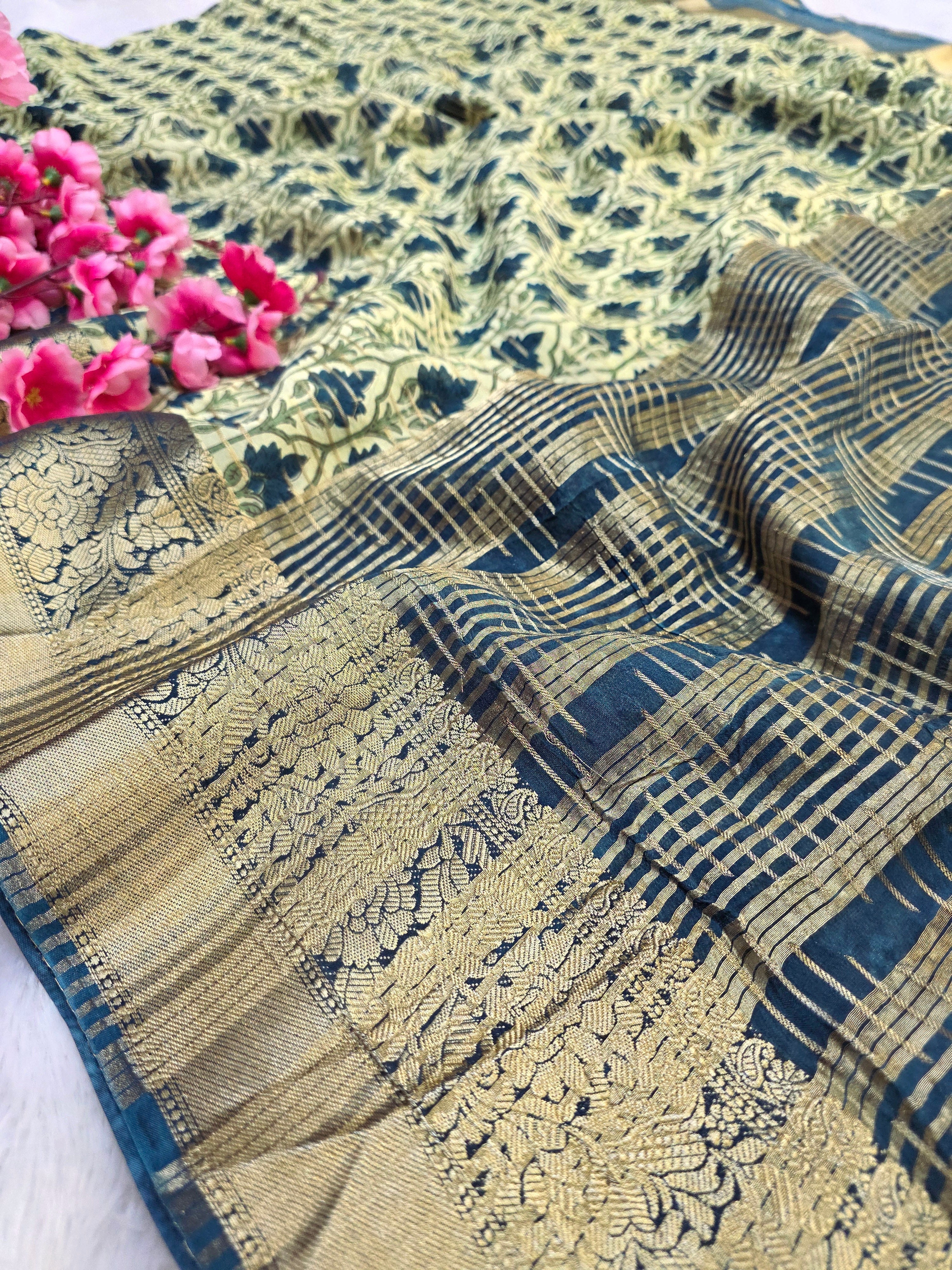 828005-2 Designer Green Shade Handblock Printed Chanderi Silk Saree with Zari Border