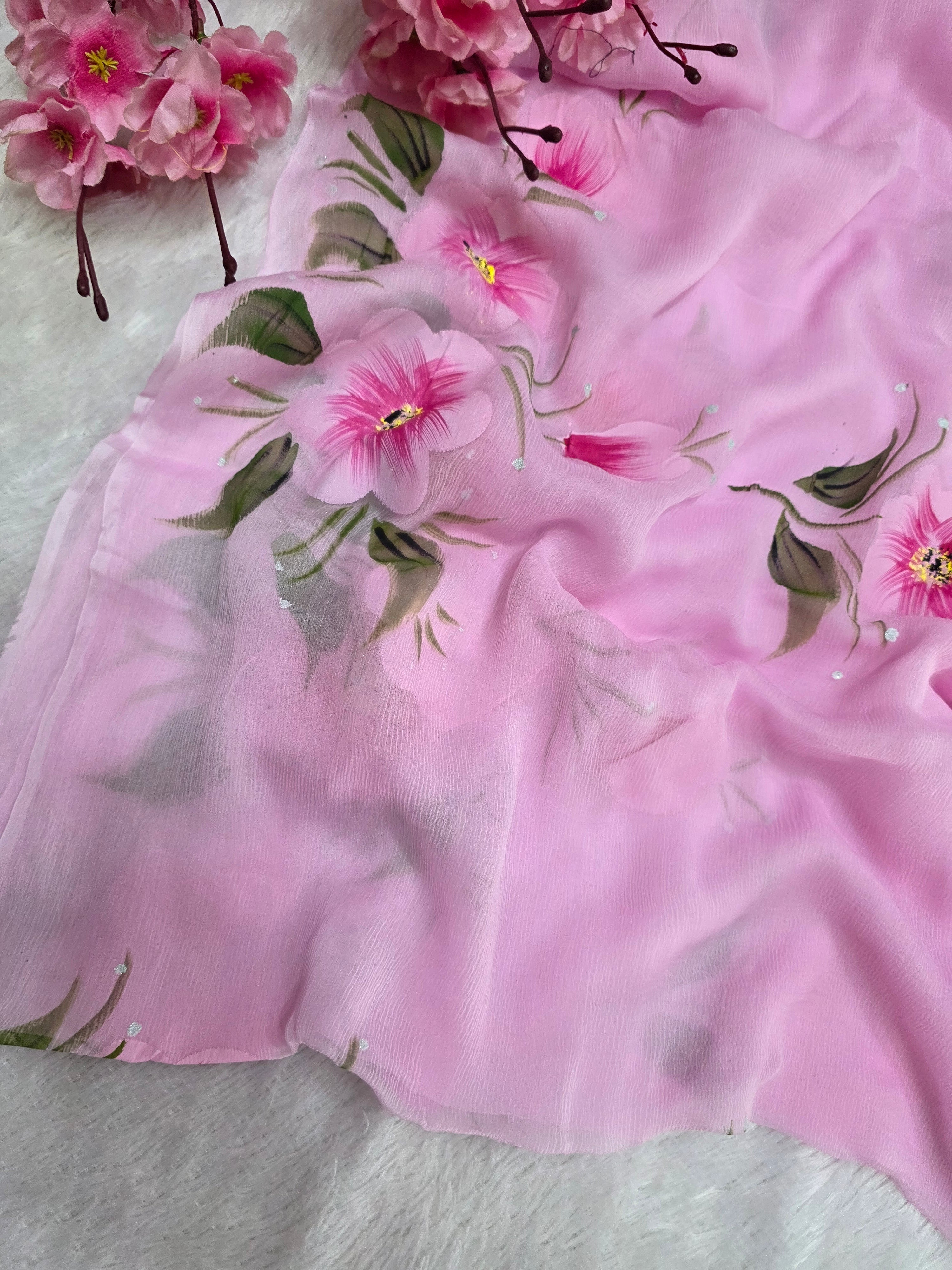 828001 Pink Pure Chiffon Hand Painted Saree