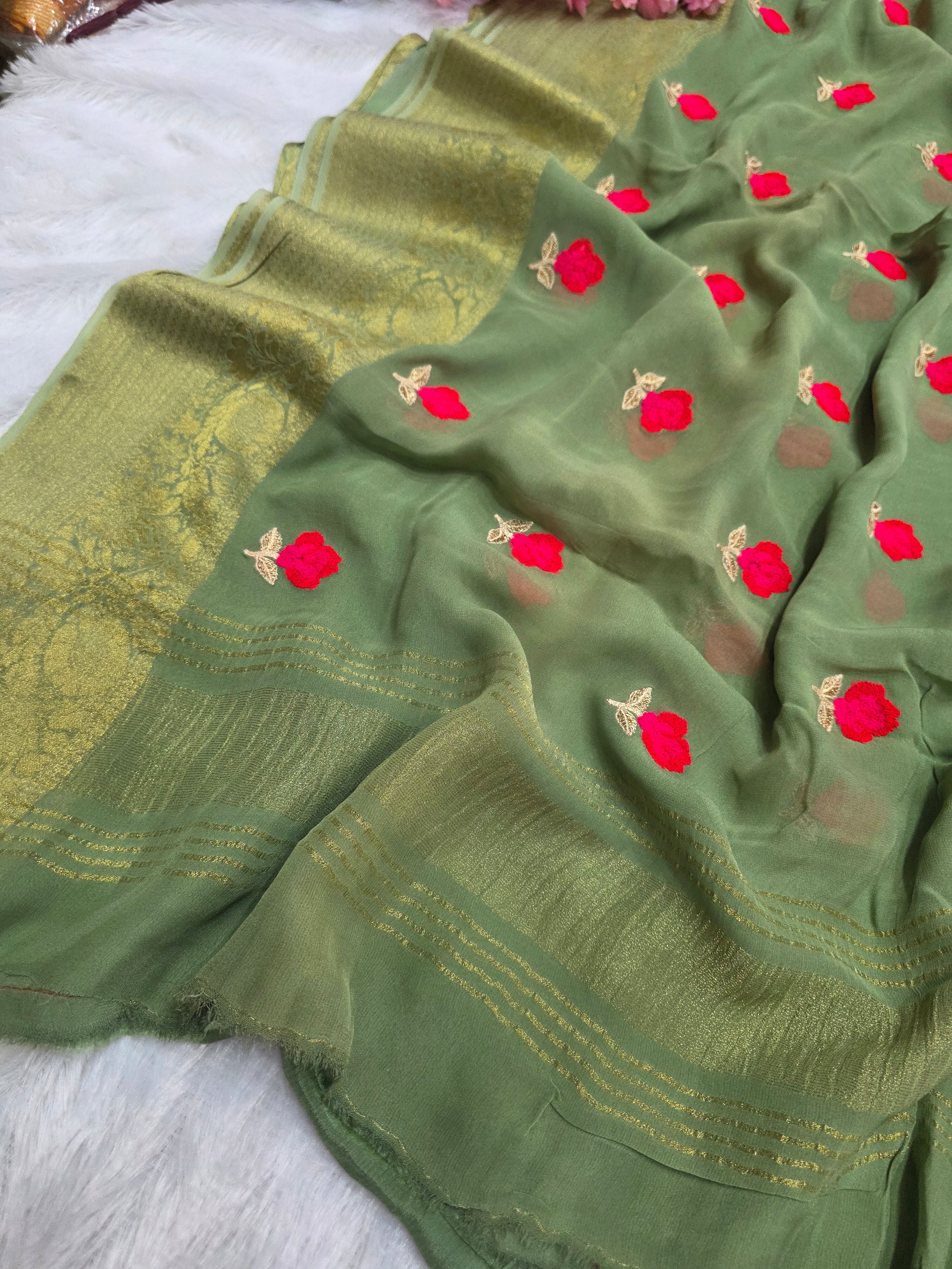 C78007 Exclusive Fancy Pure Georgette Saree with Embroidery green