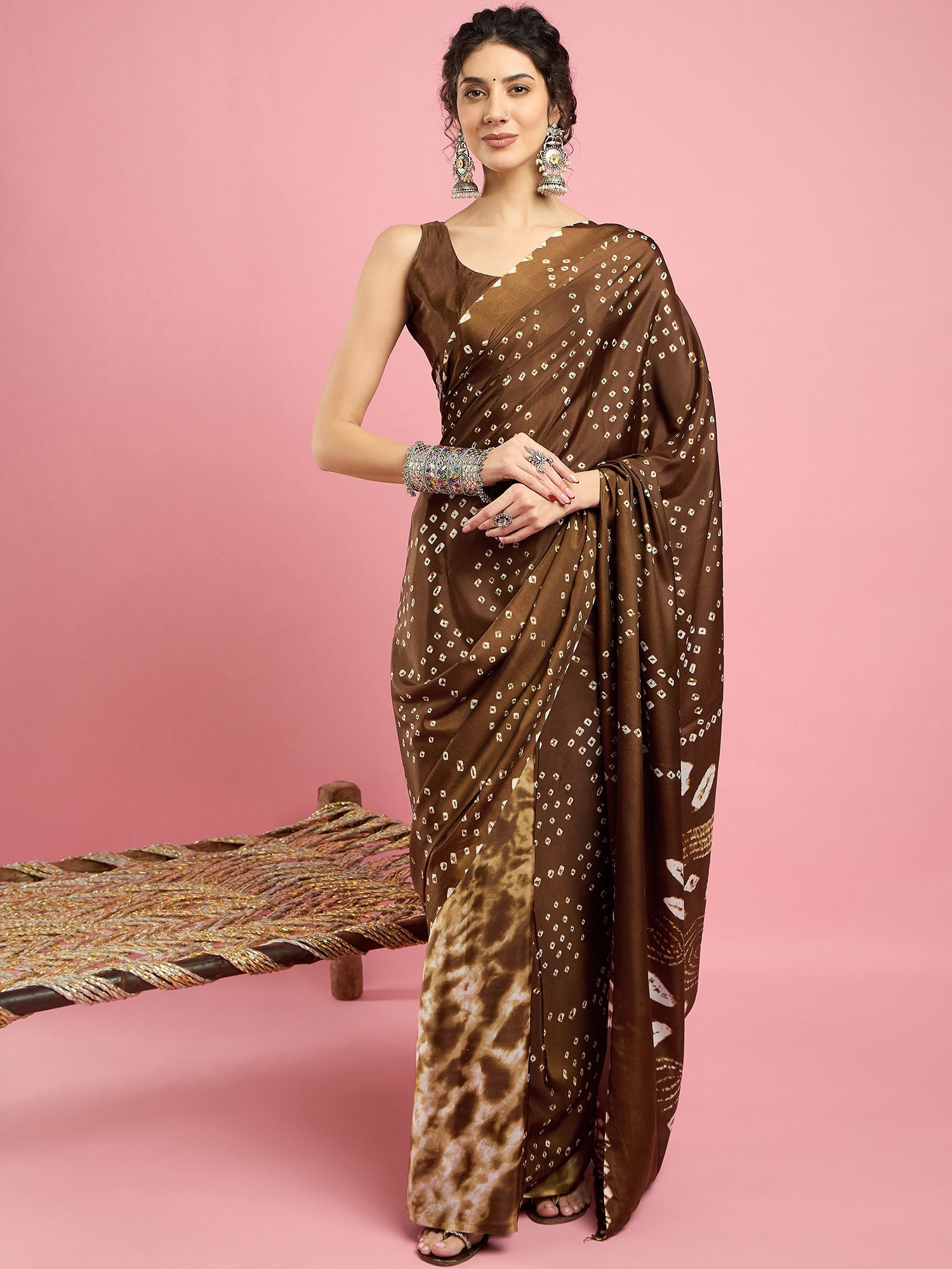 2044 Traditional Bandhani with Shibori Print Soft Satin Silk Saree - BROWN