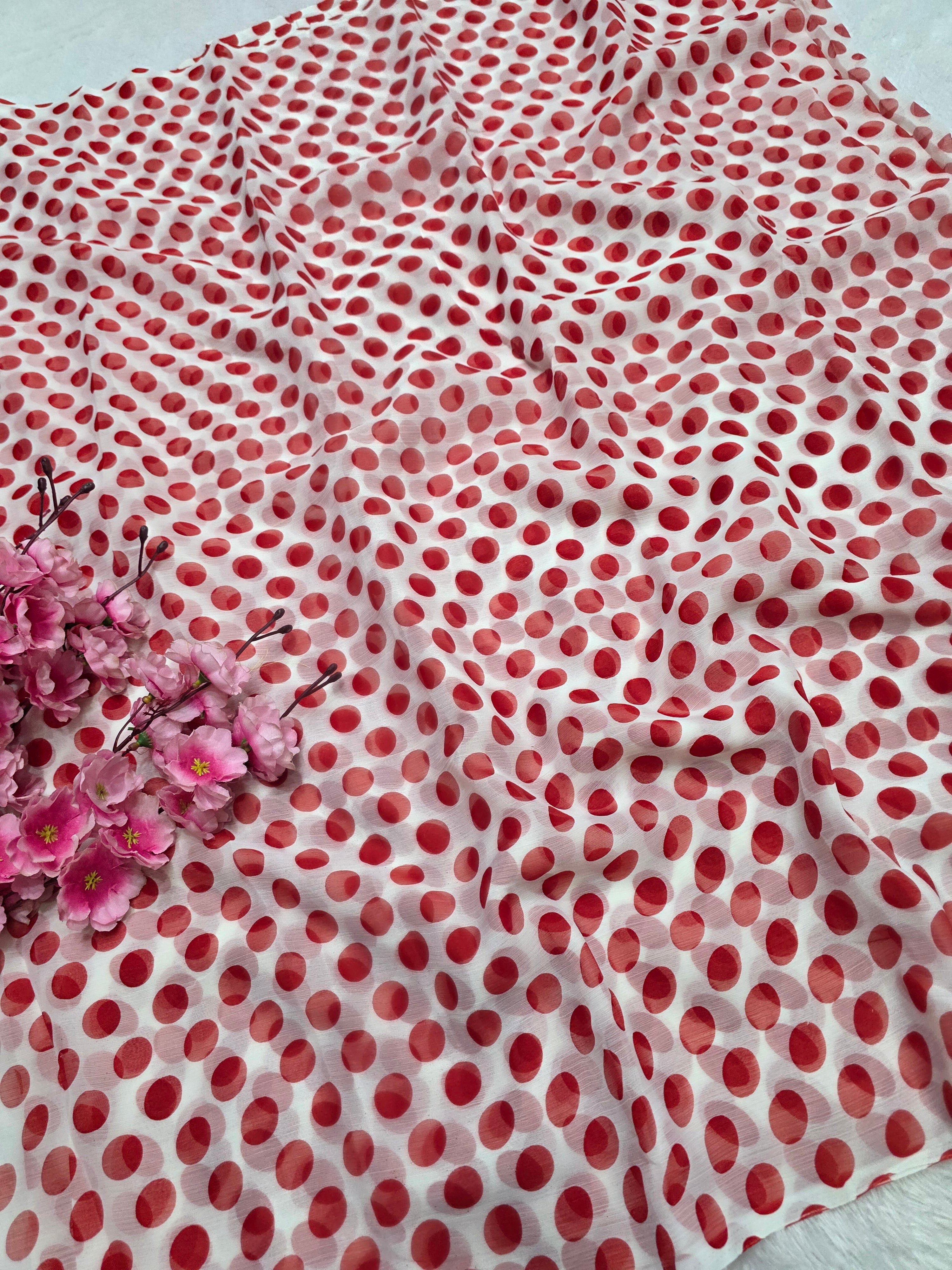 845003 Lightweight Elegant Semi Chiffon Polki Dot Print Saree - White Red