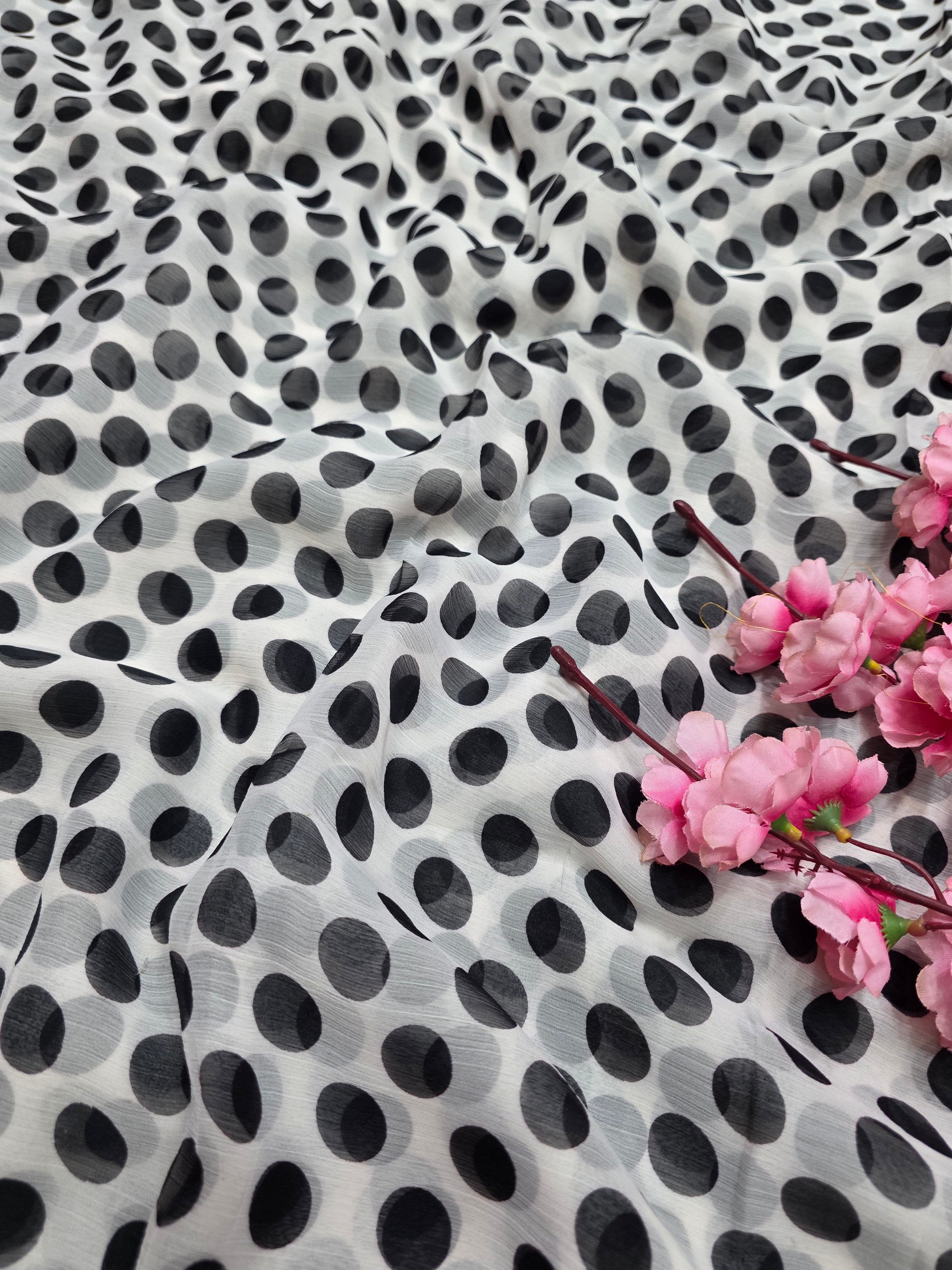 845003 Lightweight Elegant Semi Chiffon Polki Dot Print Saree - White Black
