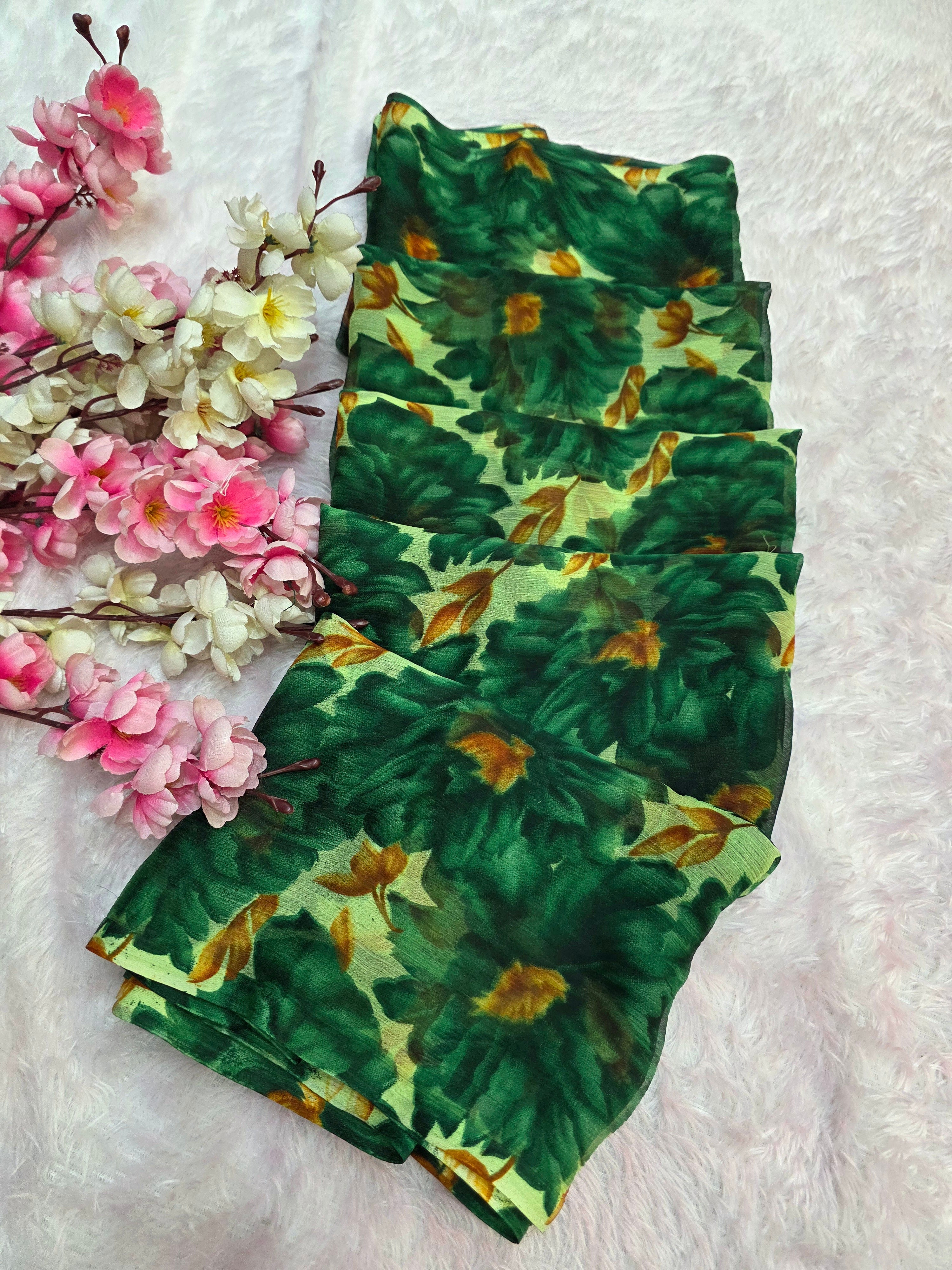 852003 Lightweight Elegant Semi Chiffon Flower Print Saree - Green