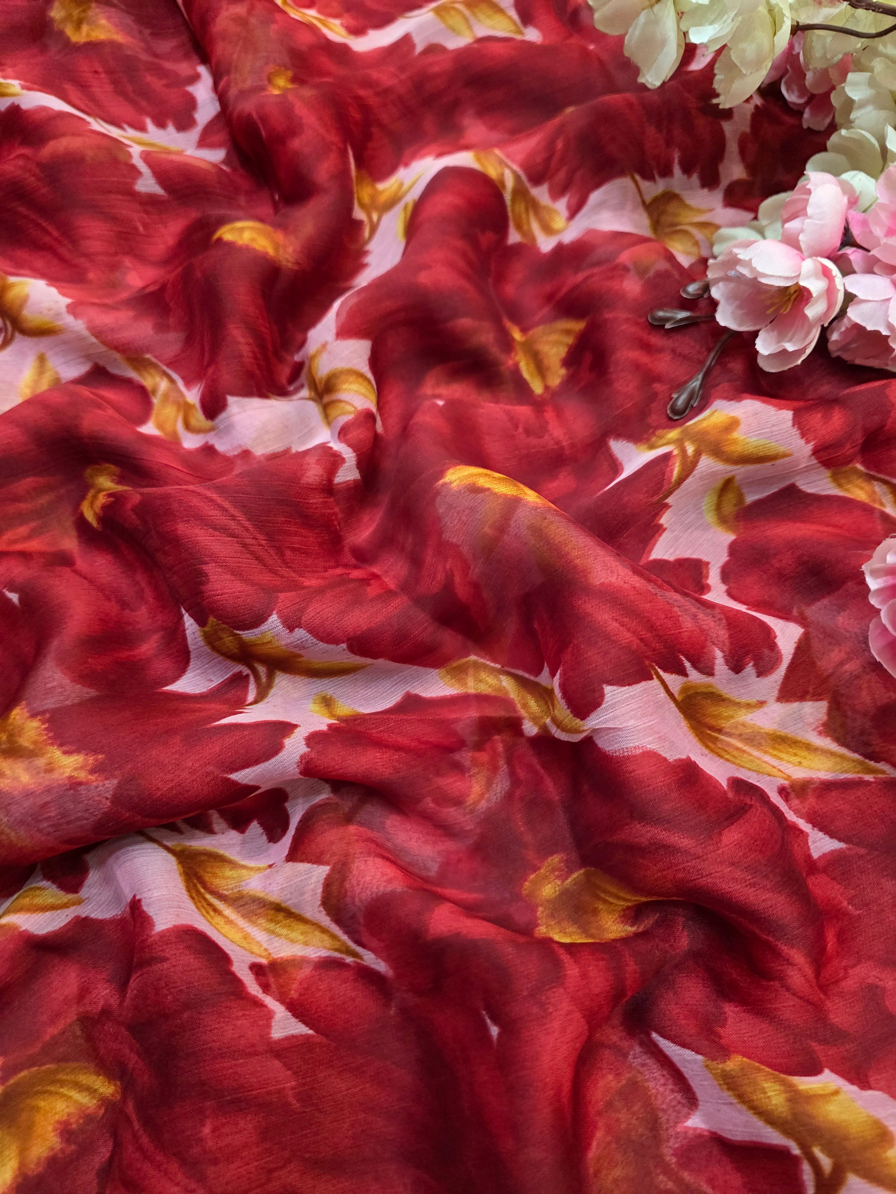 852003 Lightweight Elegant Semi Chiffon Flower Print Saree - Maroon