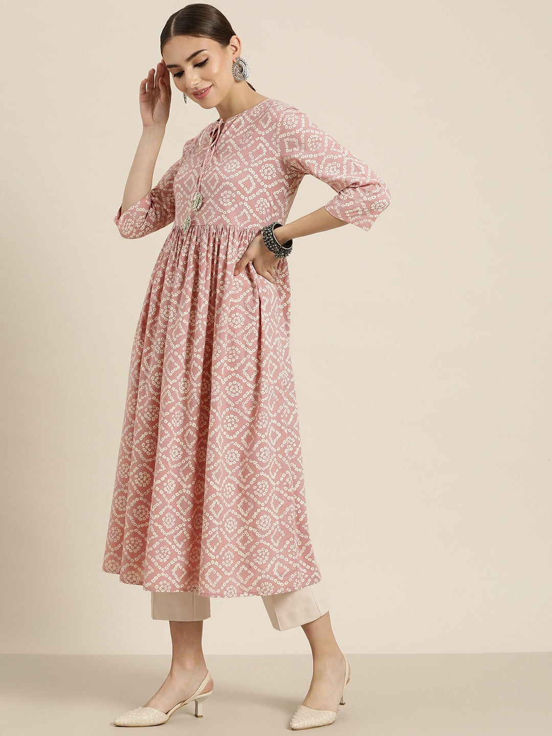 858006 Cotton Rayon Anarkali Bandhani Printed kurti 1720