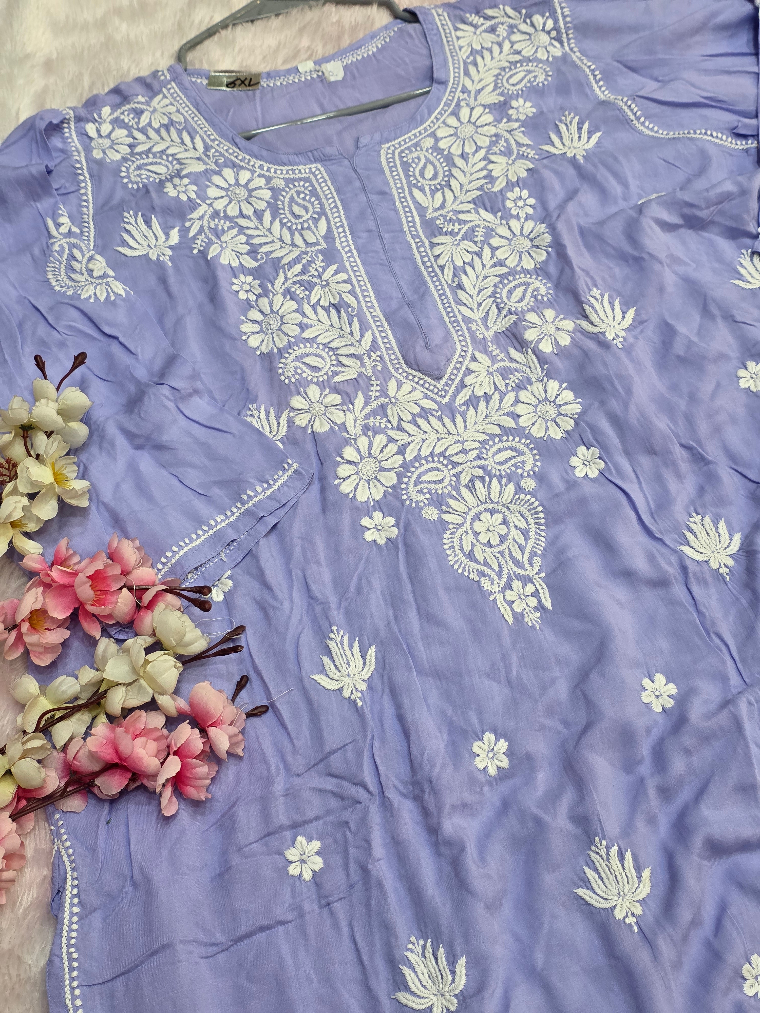 897005 Original Chikankari Pure Cotton Modal Plus Size Kurti - Purple