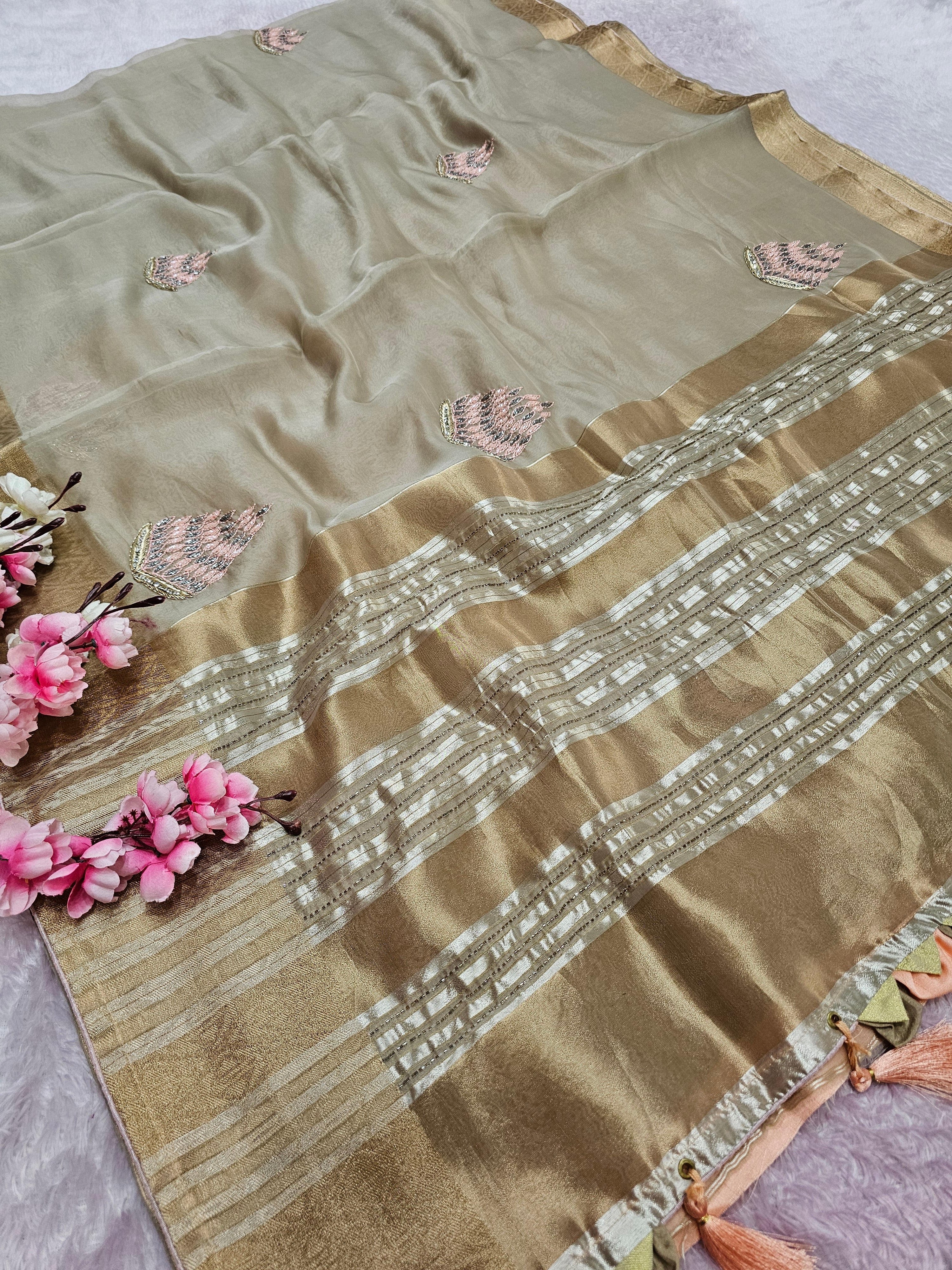 8585 Designer Organza Fabric Saree with Hand Cutdana Work - Beige