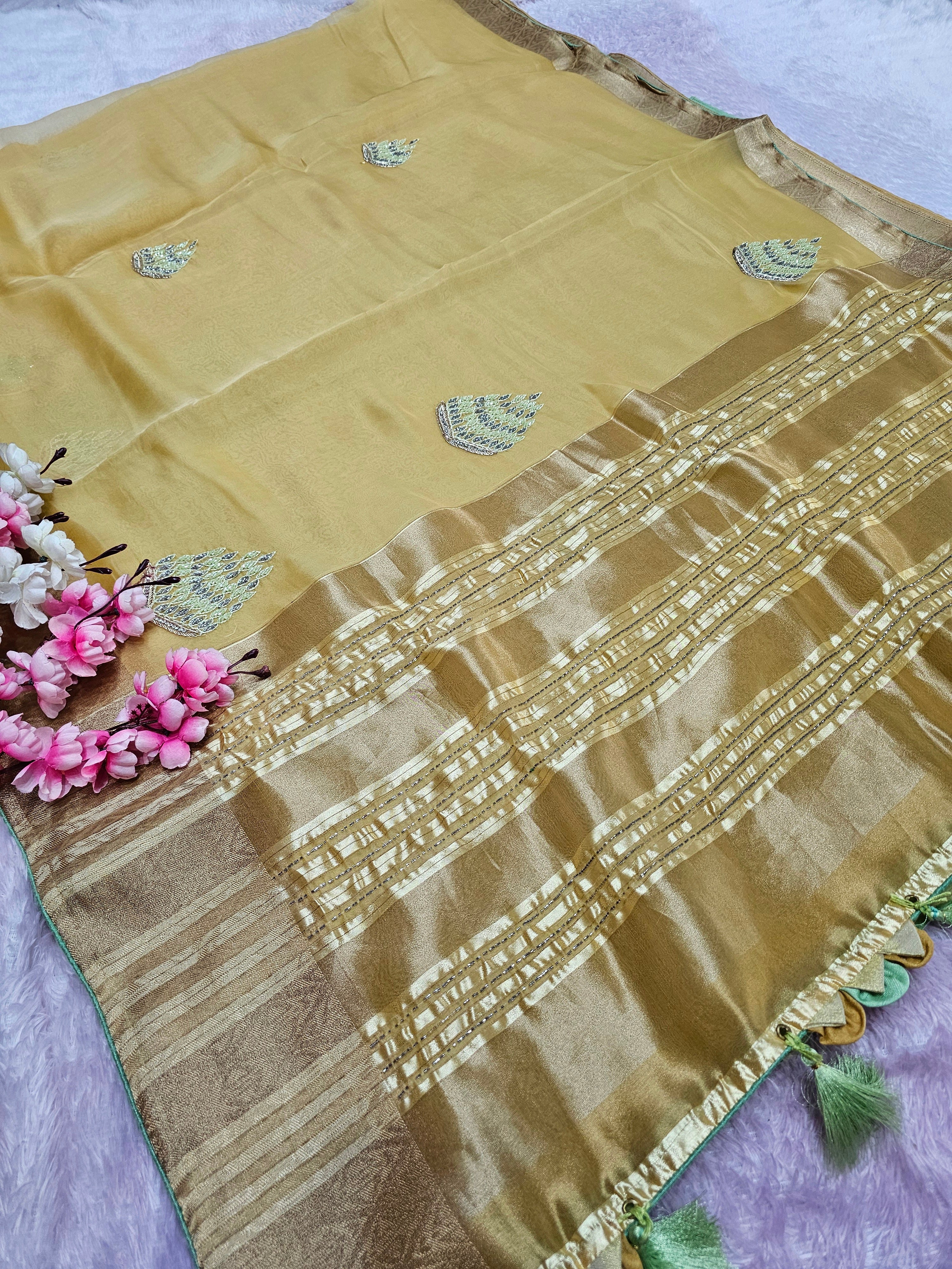 8585 Designer Organza Fabric Saree with Hand Cutdana Work - Yellow