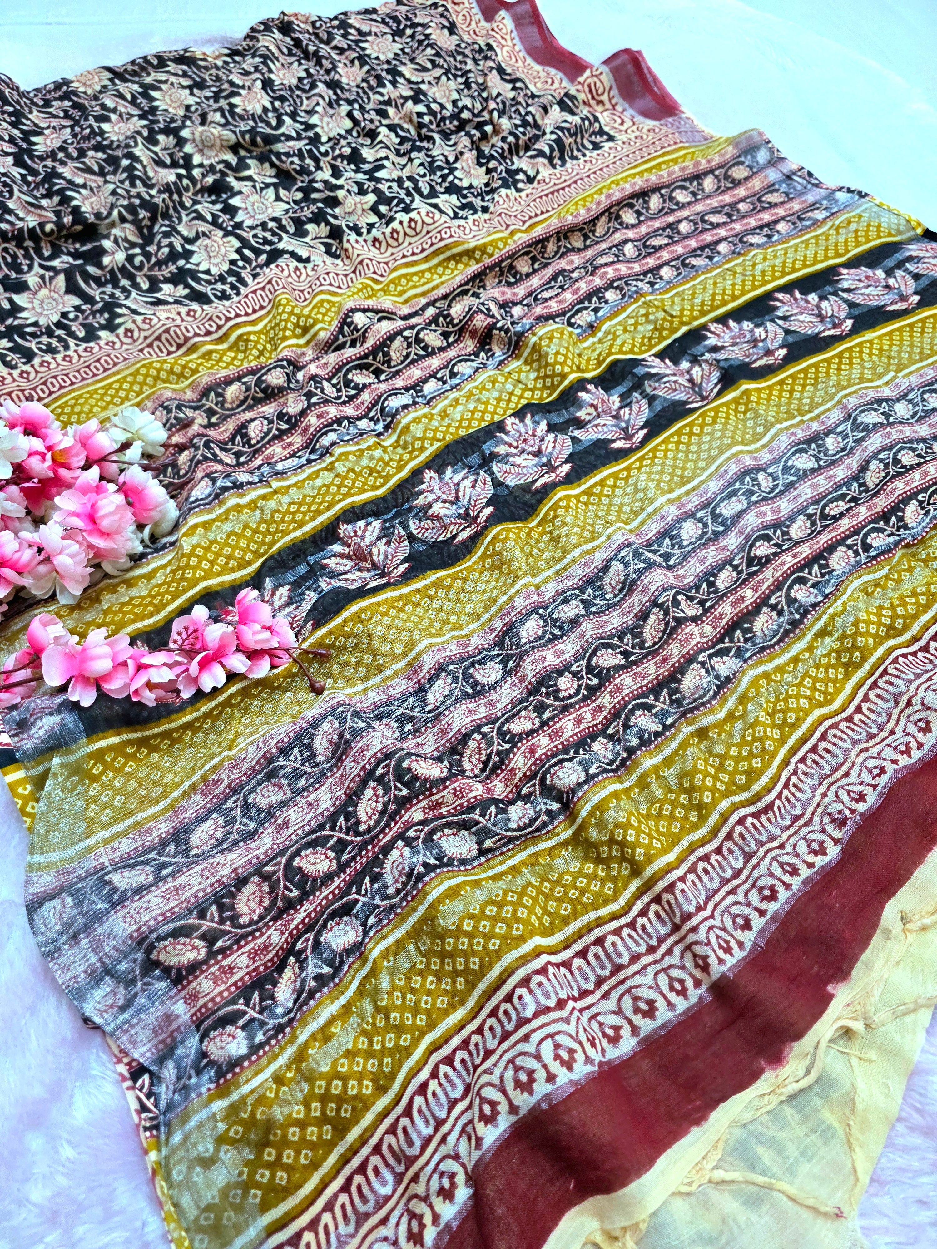 100506 Pure Rajasthani Natural Cotton Linen Hand Printed Saree