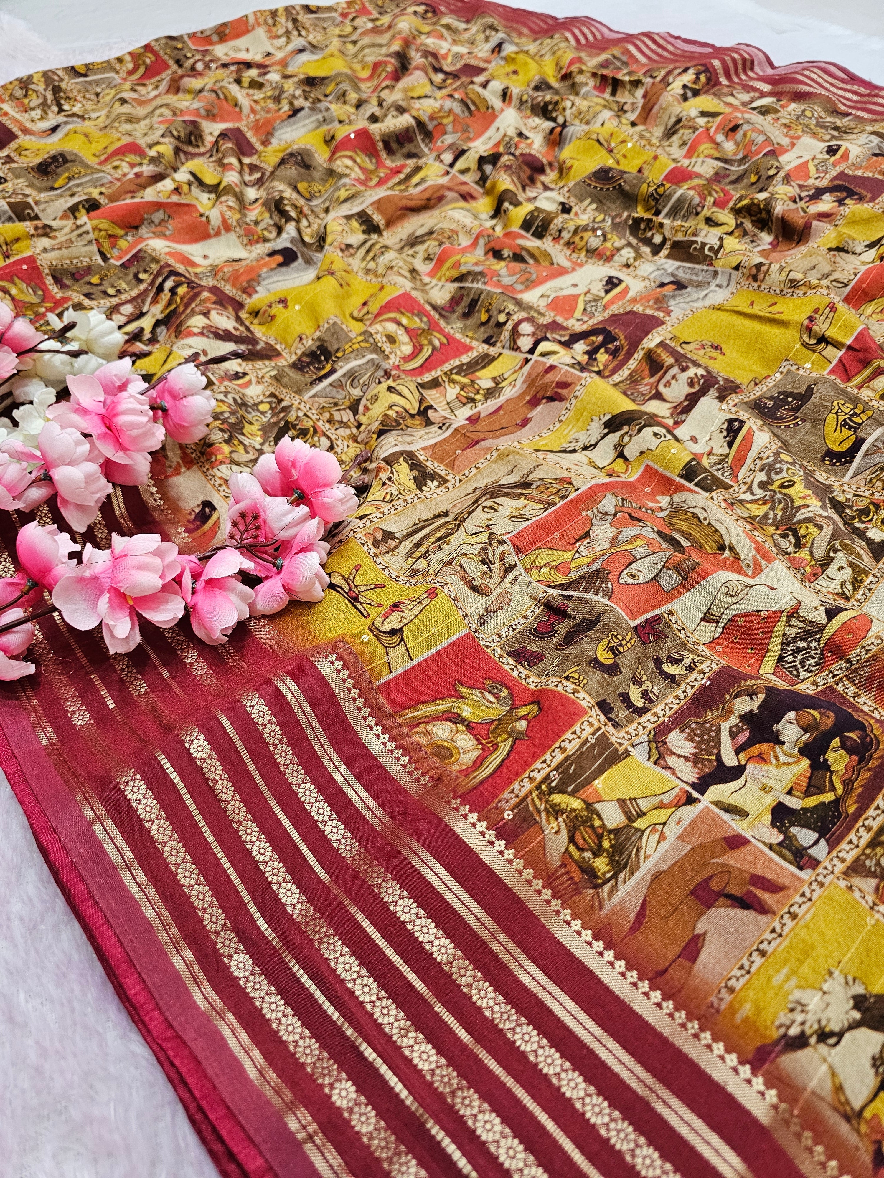 शुद्ध टसर सिल्क हाथ से बनी लेहरिया साड़ी प्रीमियम गोटापट्टी वर्क के साथ - 8837