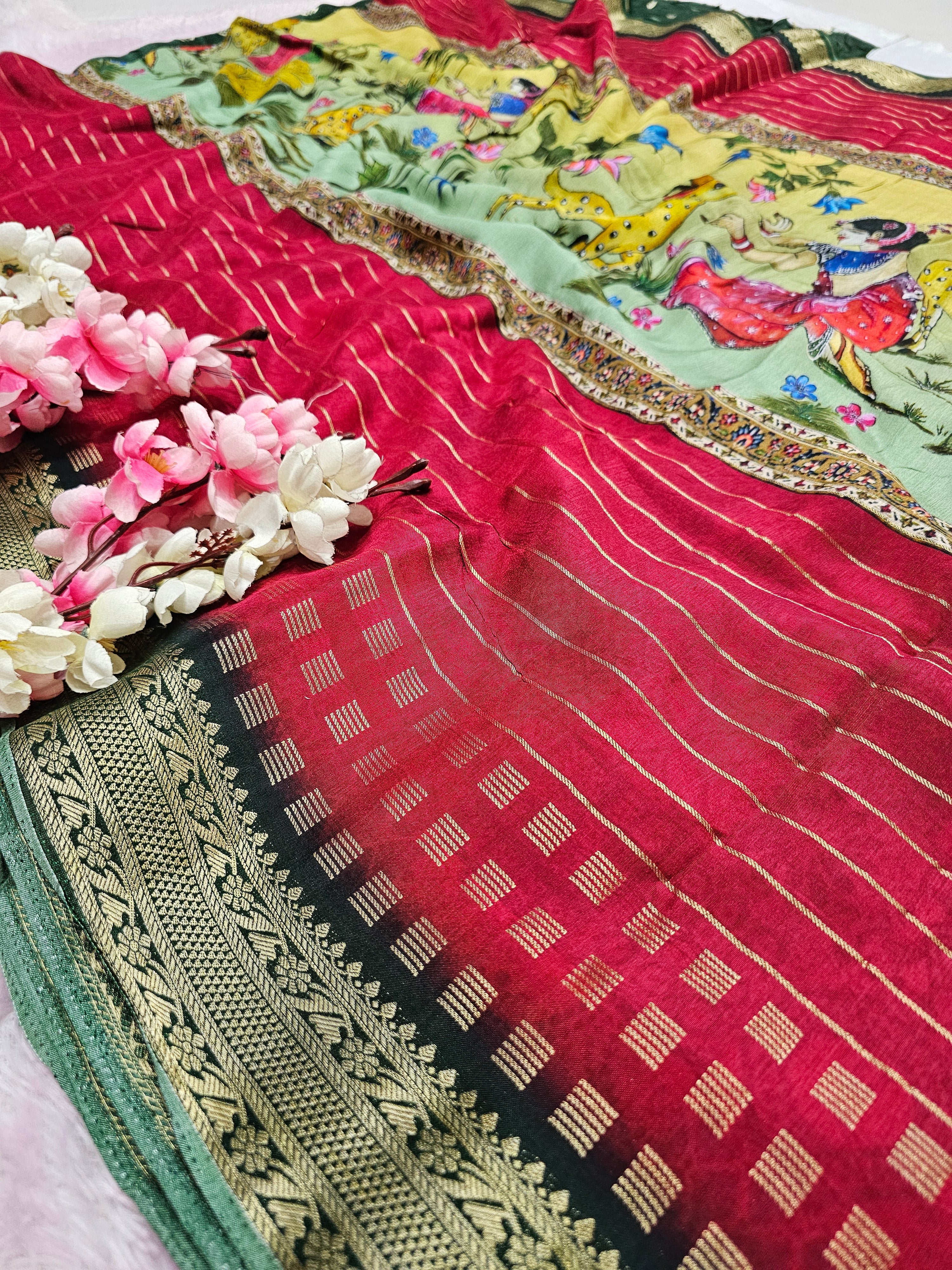 शुद्ध टसर सिल्क हाथ से बनी लेहरिया साड़ी प्रीमियम गोटापट्टी वर्क के साथ - 8837
