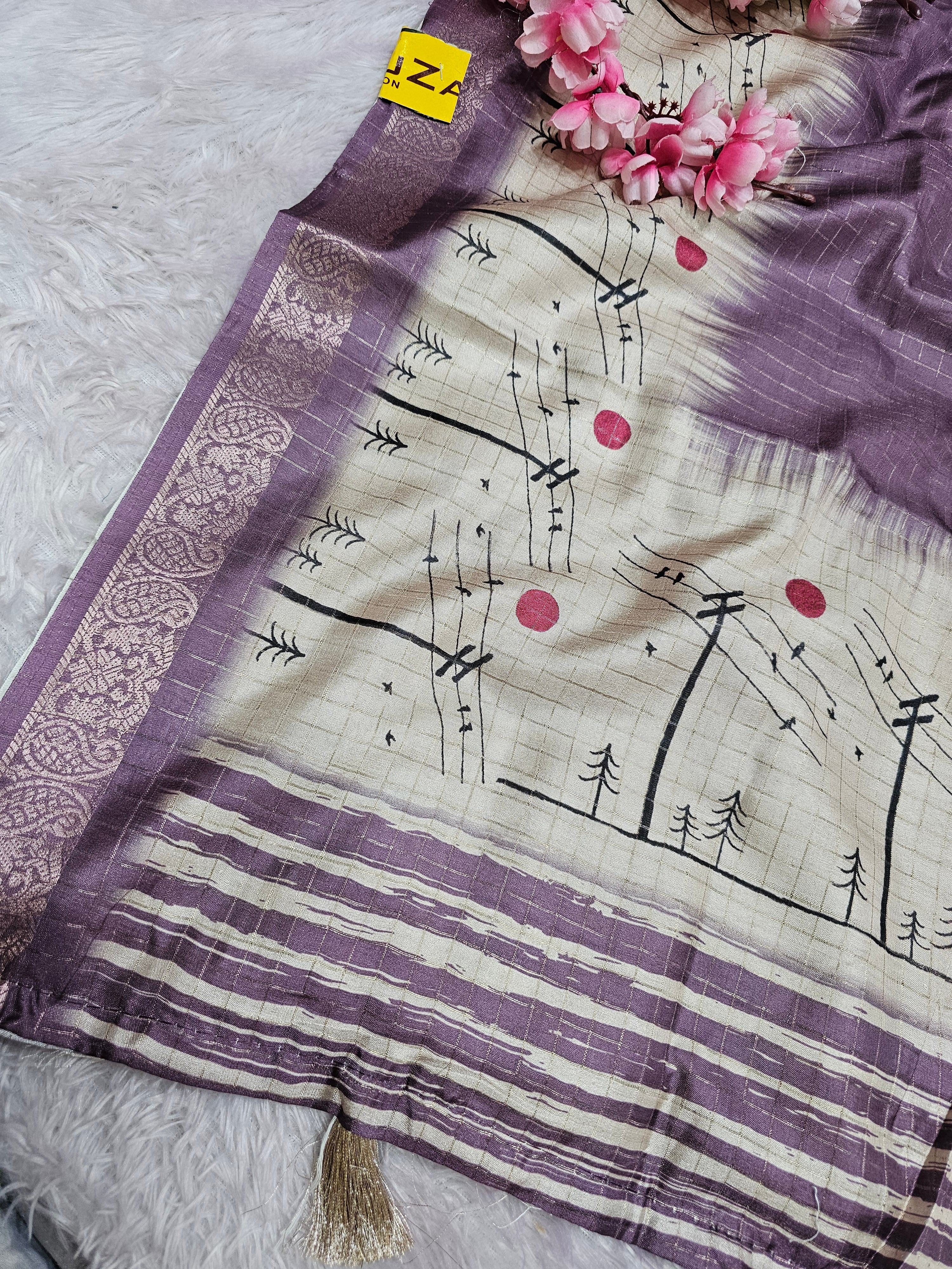 101107 Exclusive Soft Viscose Silk Printed Saree with Zari Weaving Checks