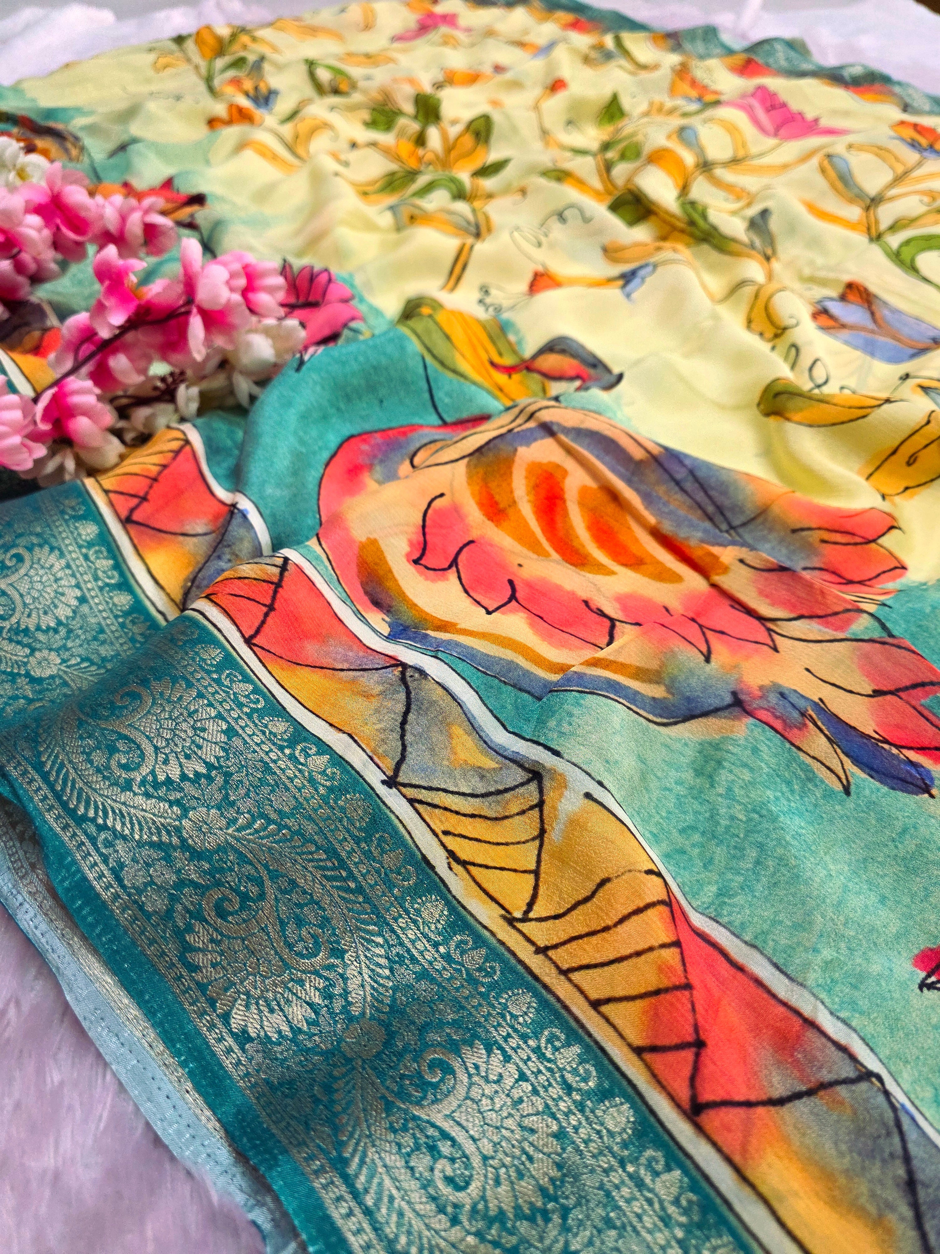 101206 Chitra Special Pure Chinon Silk Traditional Hand Print Saree with Zari Border