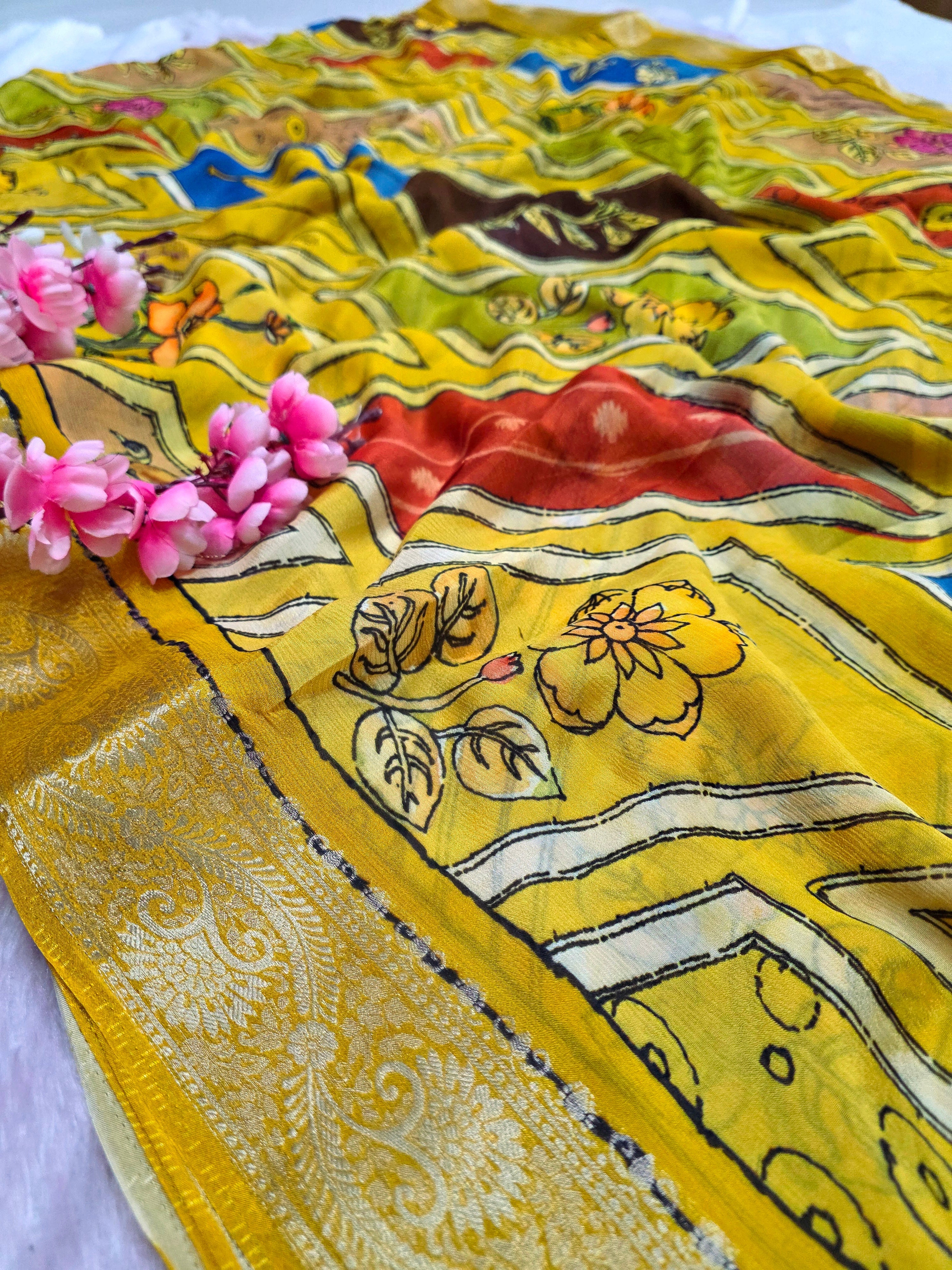 शुद्ध टसर सिल्क हाथ से बनी लेहरिया साड़ी प्रीमियम गोटापट्टी वर्क के साथ - 8837