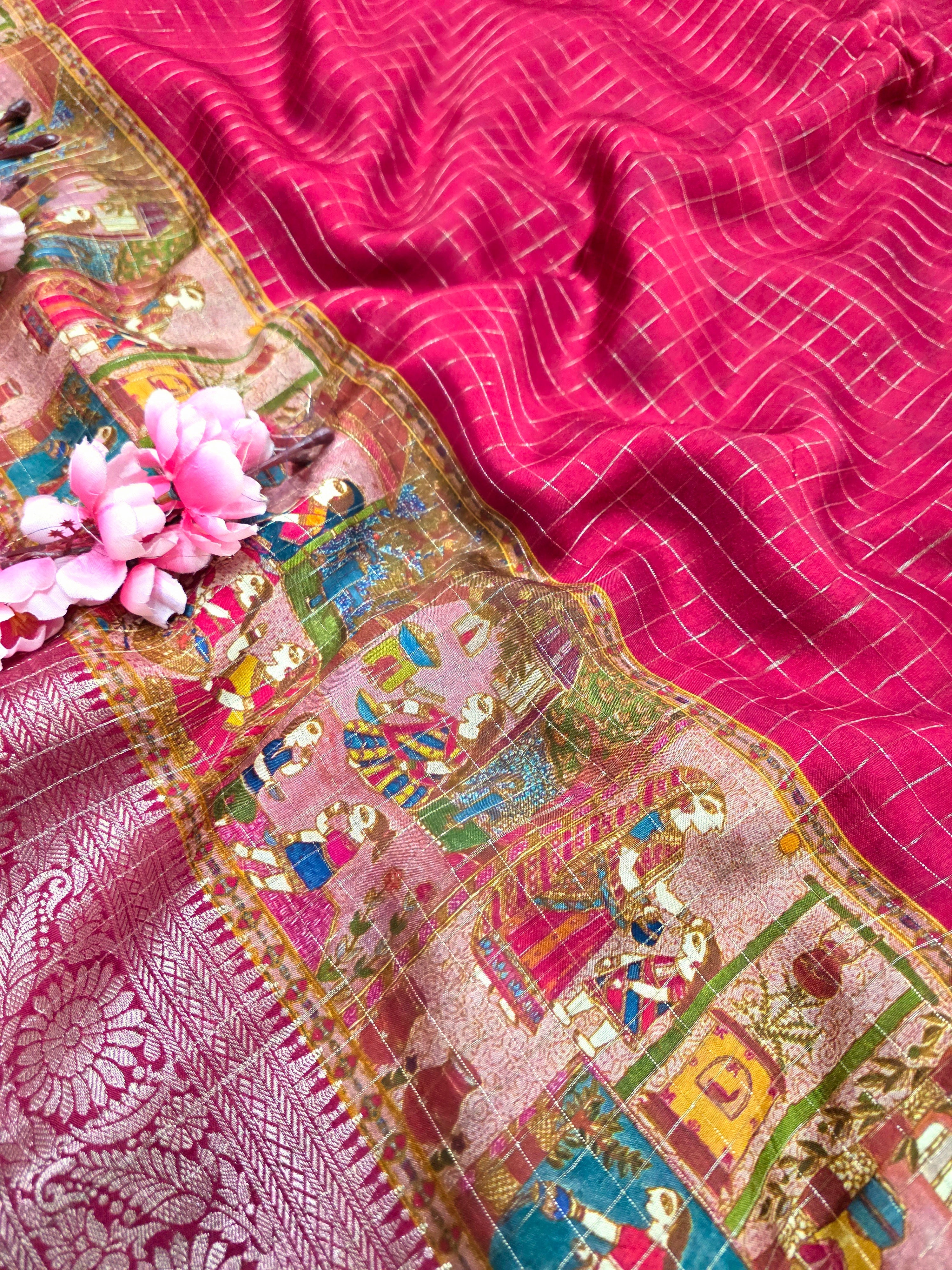 101201 Chitra Special Pure Viscose Silk Traditional Print Saree with Zari Small Checks