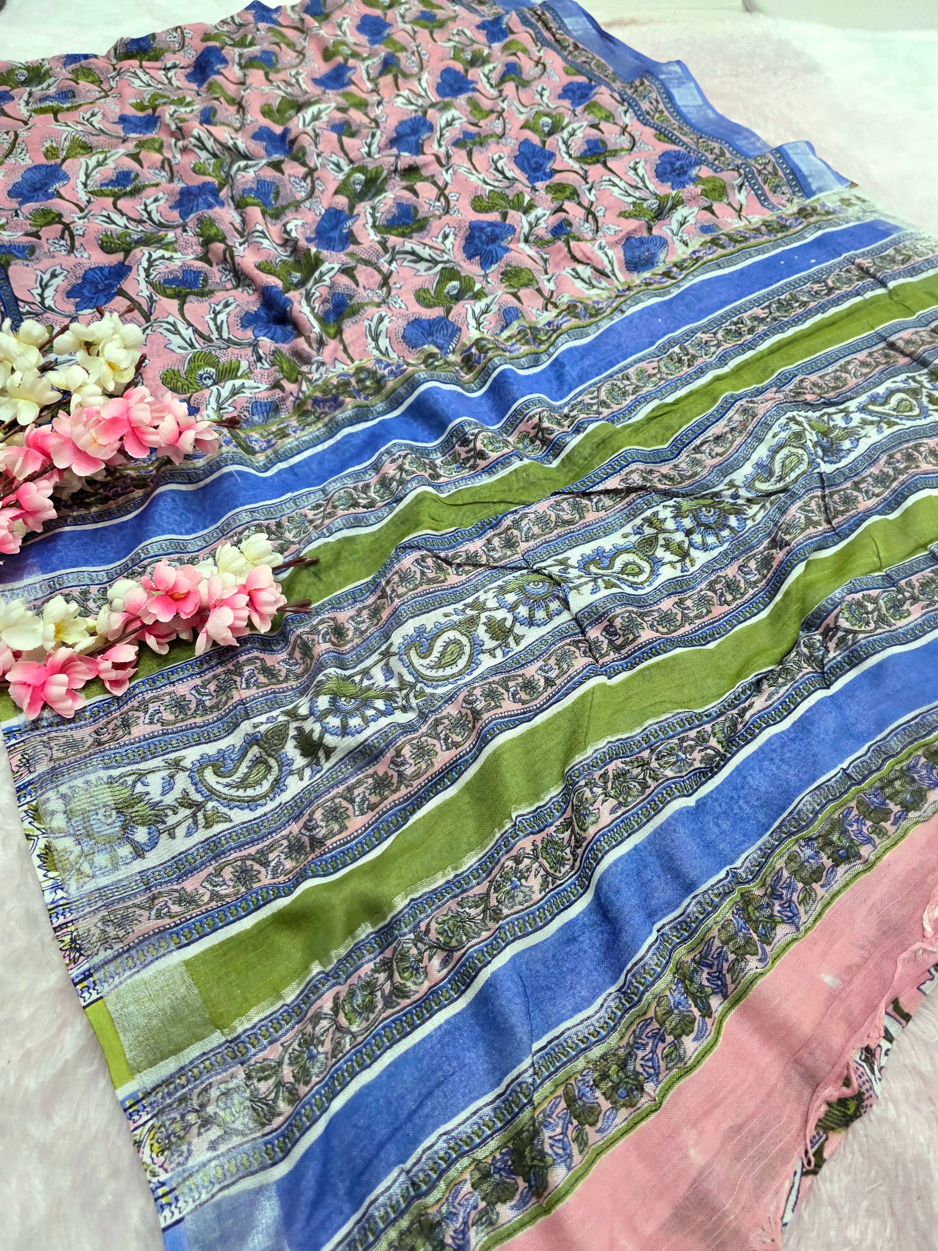 101405 Pure Rajasthani Natural Cotton Linen Hand Printed Saree