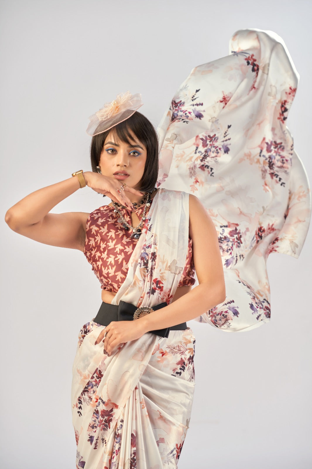 101501 Bollywood Style Digital Print Semi Italian Crepe Silk Saree