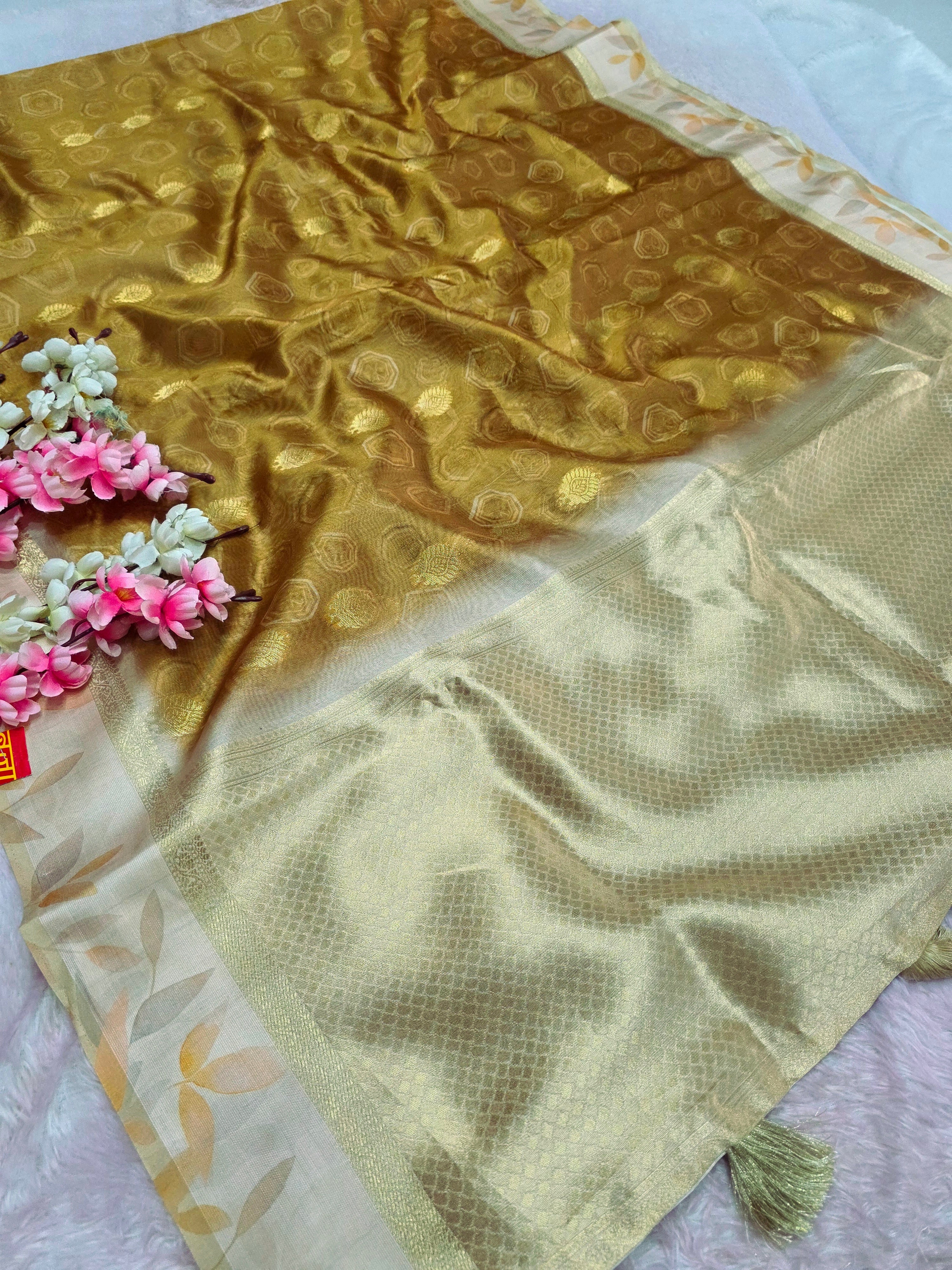 103104 Chitra Special Soft Banarasi Silk Saree with Flower Printed Blouse and Zari Weaving