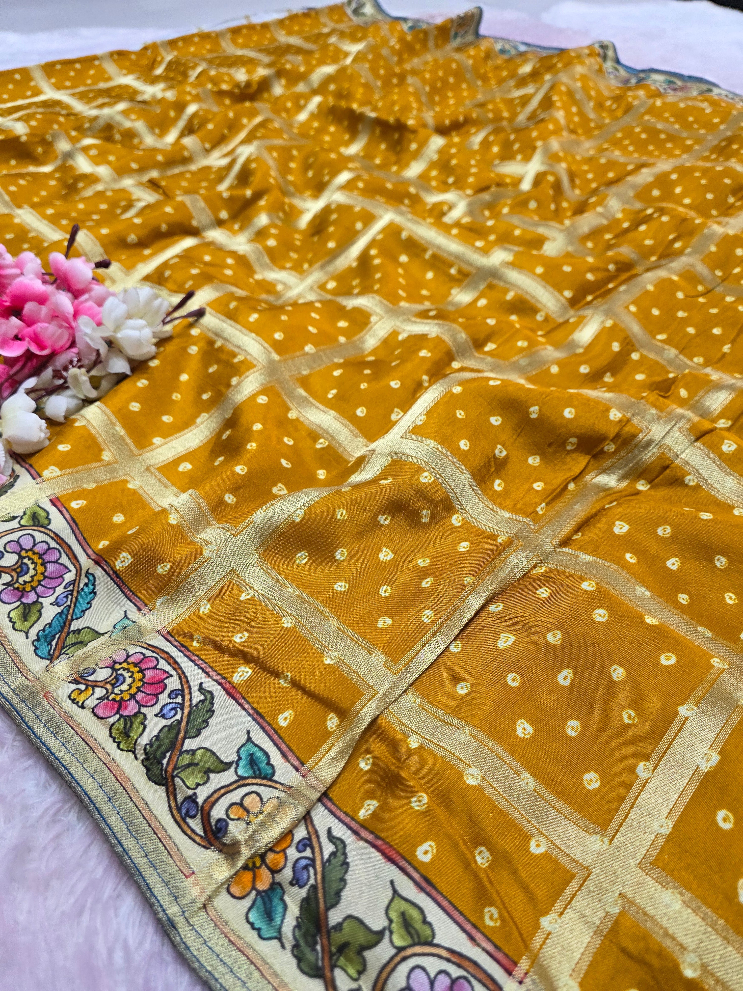 CA1030 Pure Viscose Silk Rajasthani Ghatchola Saree with Zari Checks and Kalamkari Work