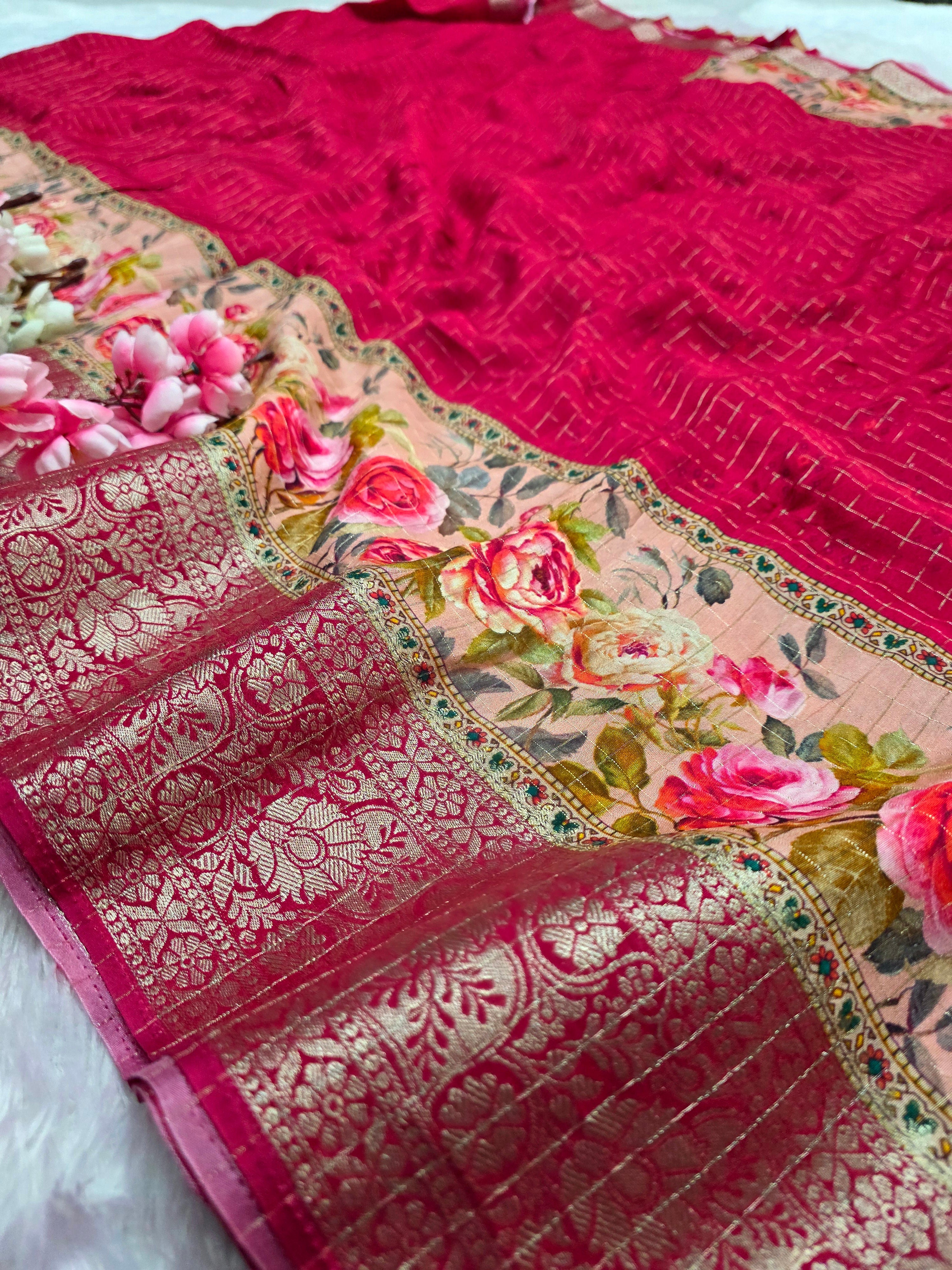 CA1025 Pure Viscose Silk Rajasthani Style Saree with Small Zari Checks and Zari Weaving Border