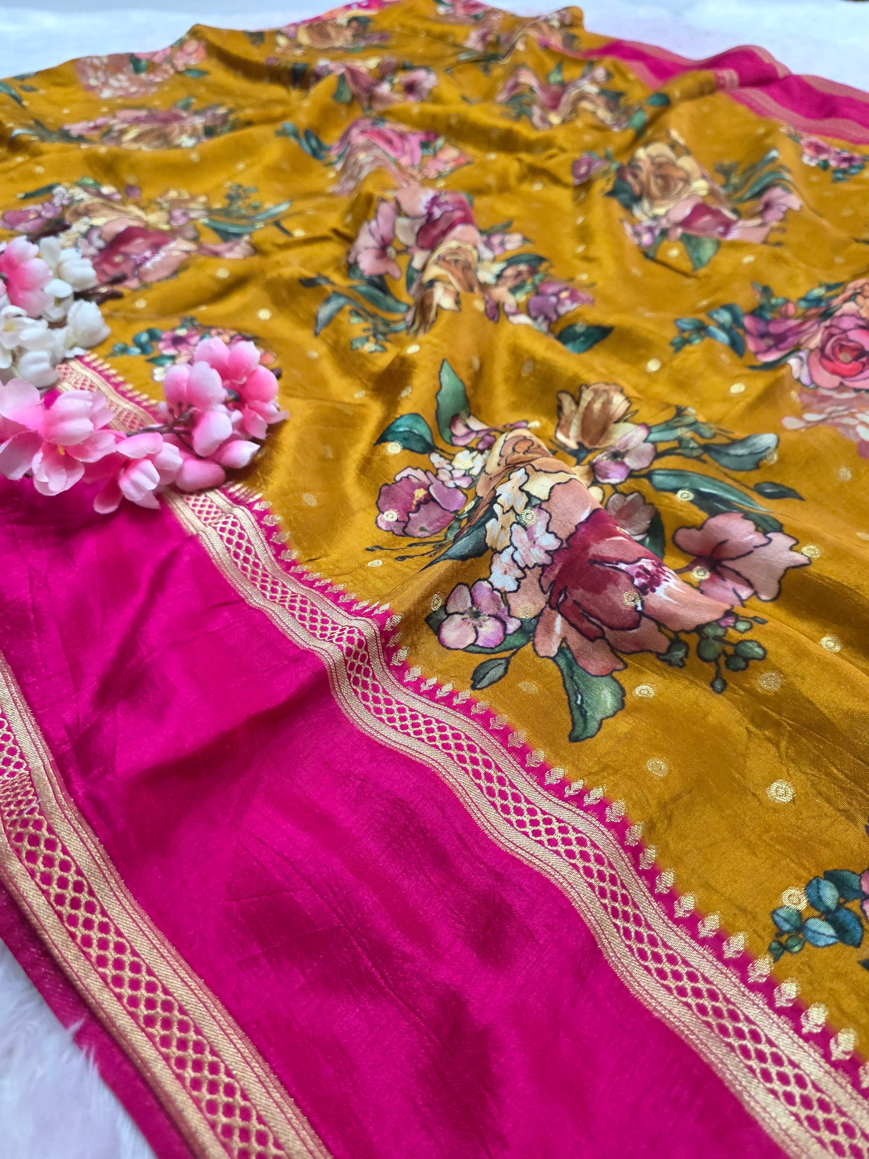 CA1028 Pure Viscose Silk Rajasthani Small Zari Butta Saree with Colorful Flower Print