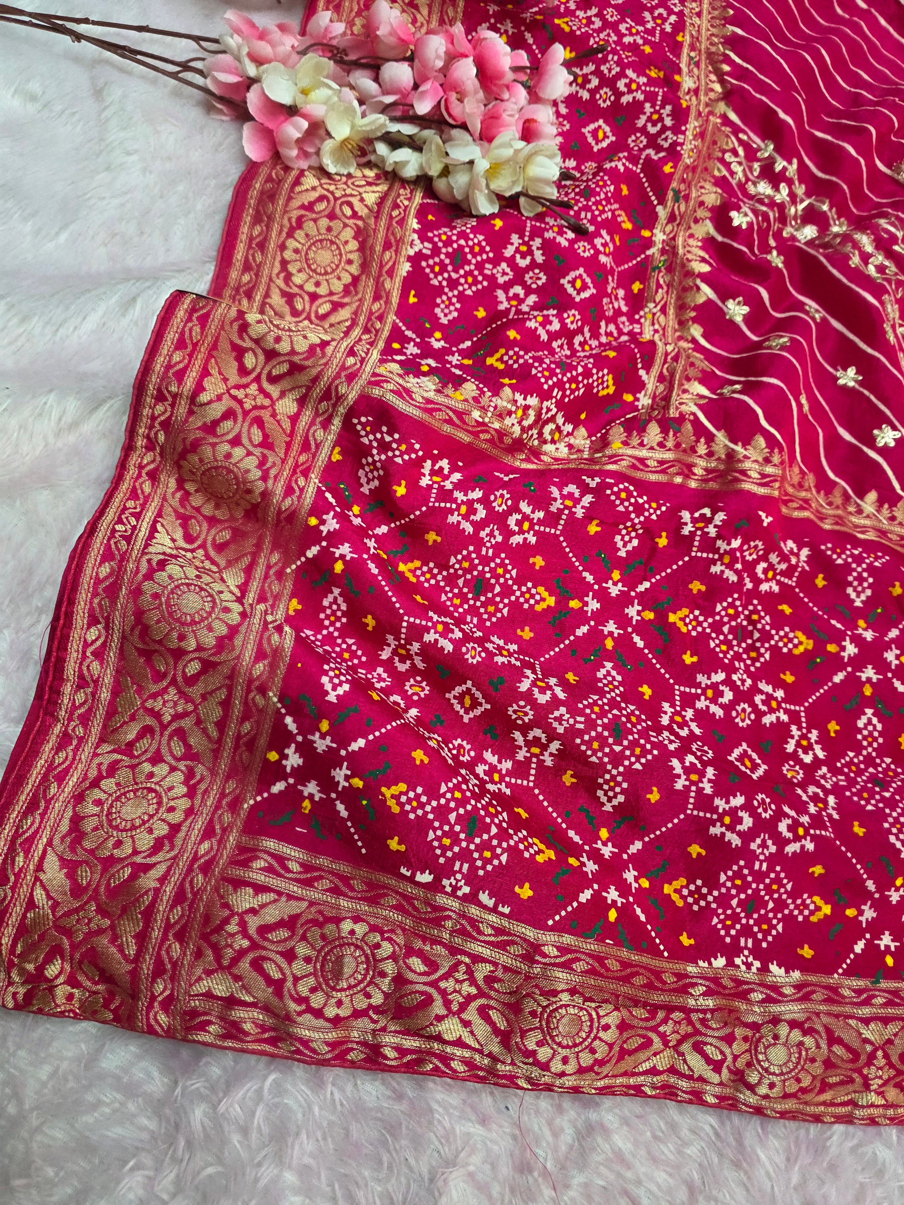 CA6690 Pure Dola Silk Lehariya Saree with Patola Having hand Pitta Work - Rani