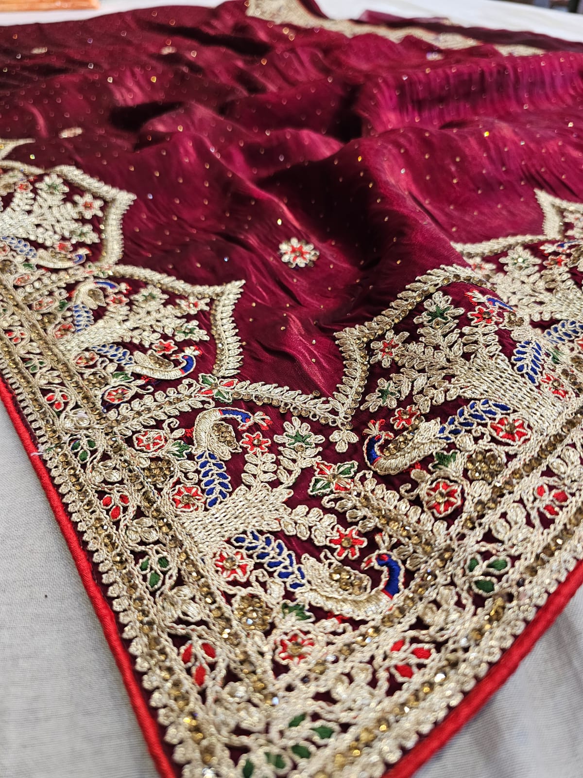 719004 Designer Pure Tissue Silk Wedding Style Saree With Heavy Border Work - Maroon