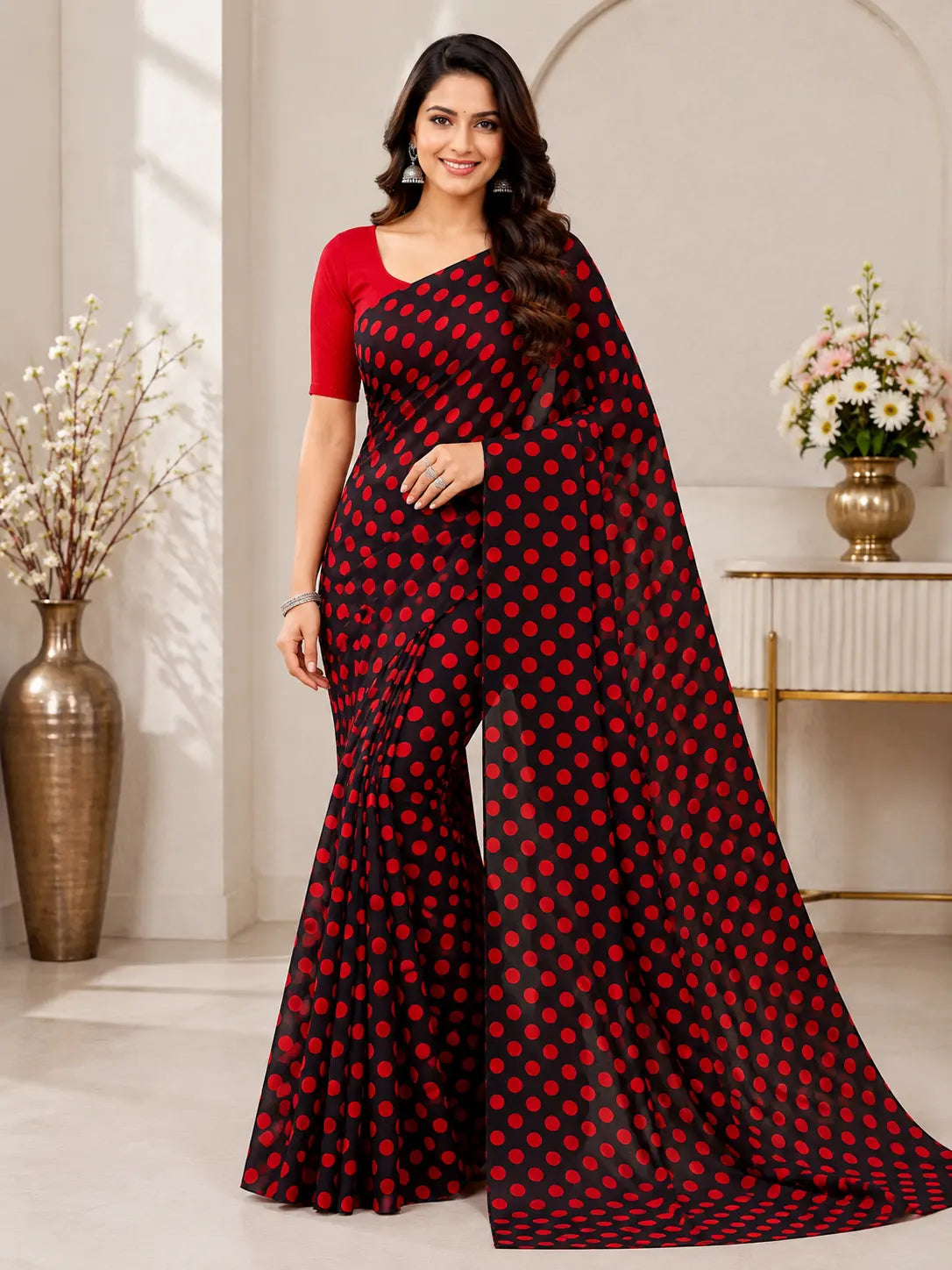 845003 Lightweight Elegant Semi Chiffon Polki Dot Print Saree - Black Red