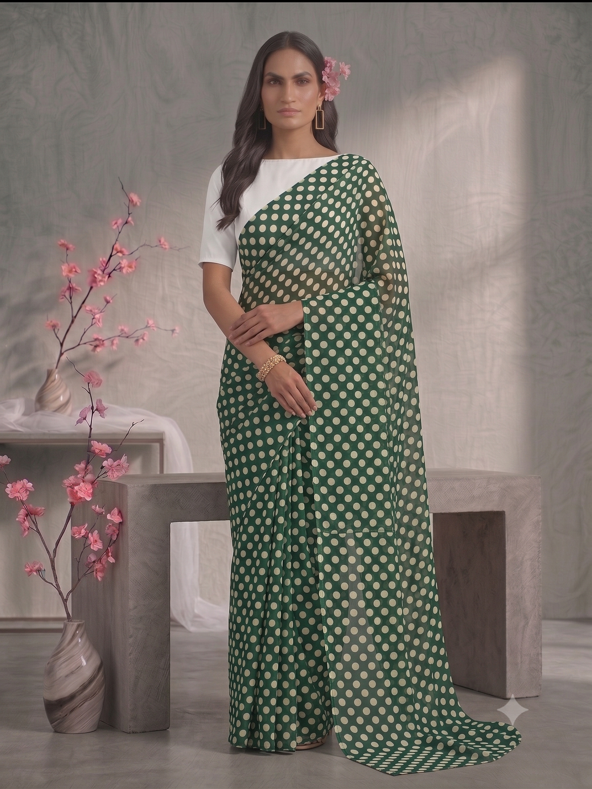 845003 Lightweight Elegant Semi Chiffon Polki Dot Print Saree - Green White