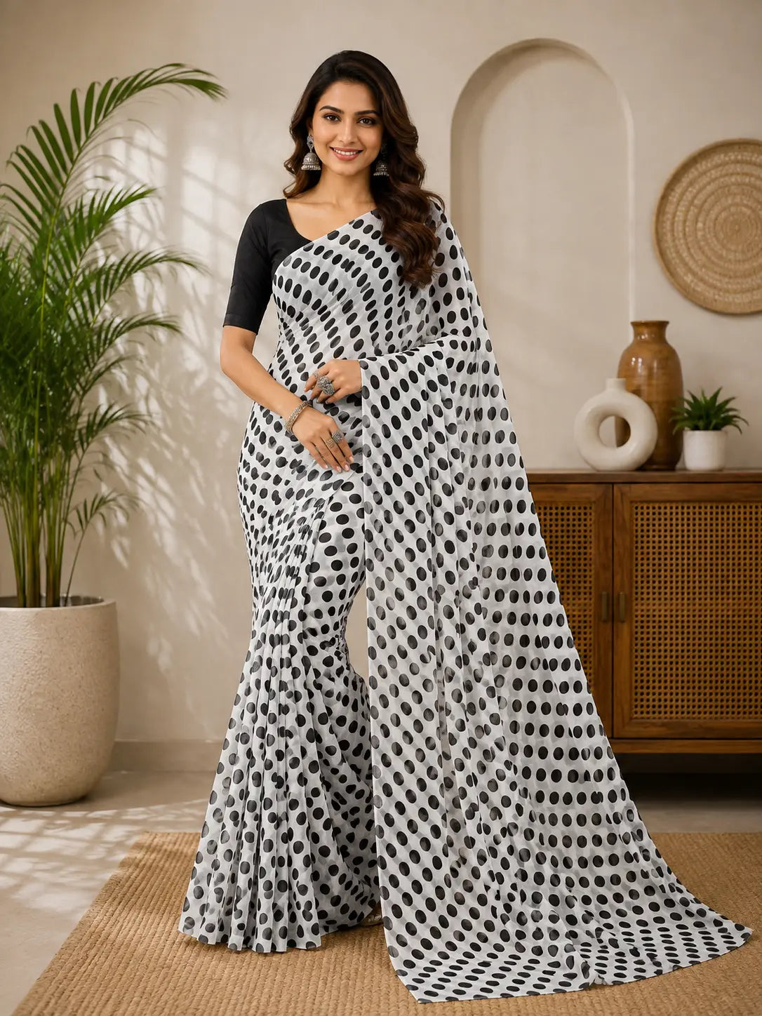 845003 Lightweight Elegant Semi Chiffon Polki Dot Print Saree - White Black