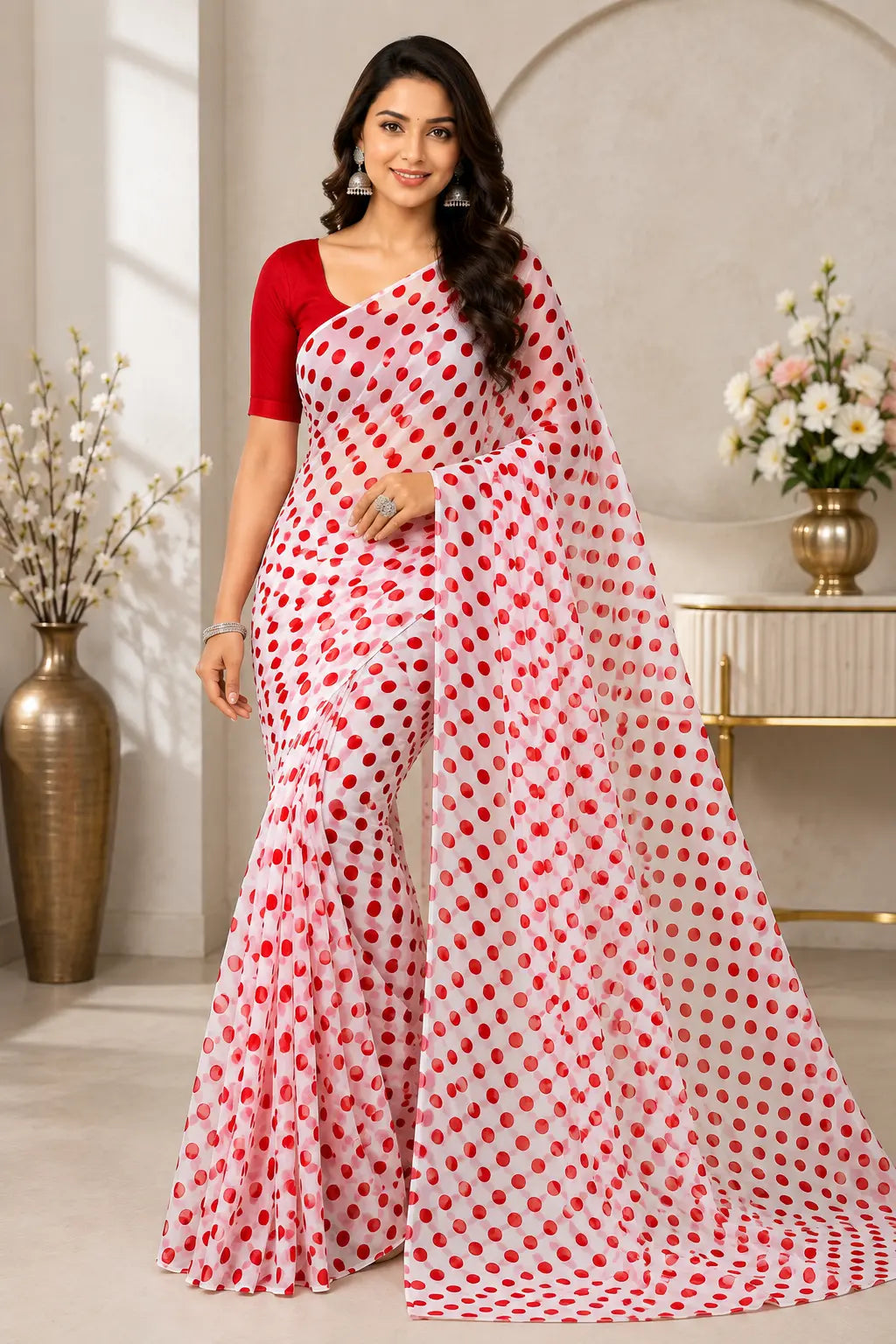 845003 Lightweight Elegant Semi Chiffon Polki Dot Print Saree - White Red