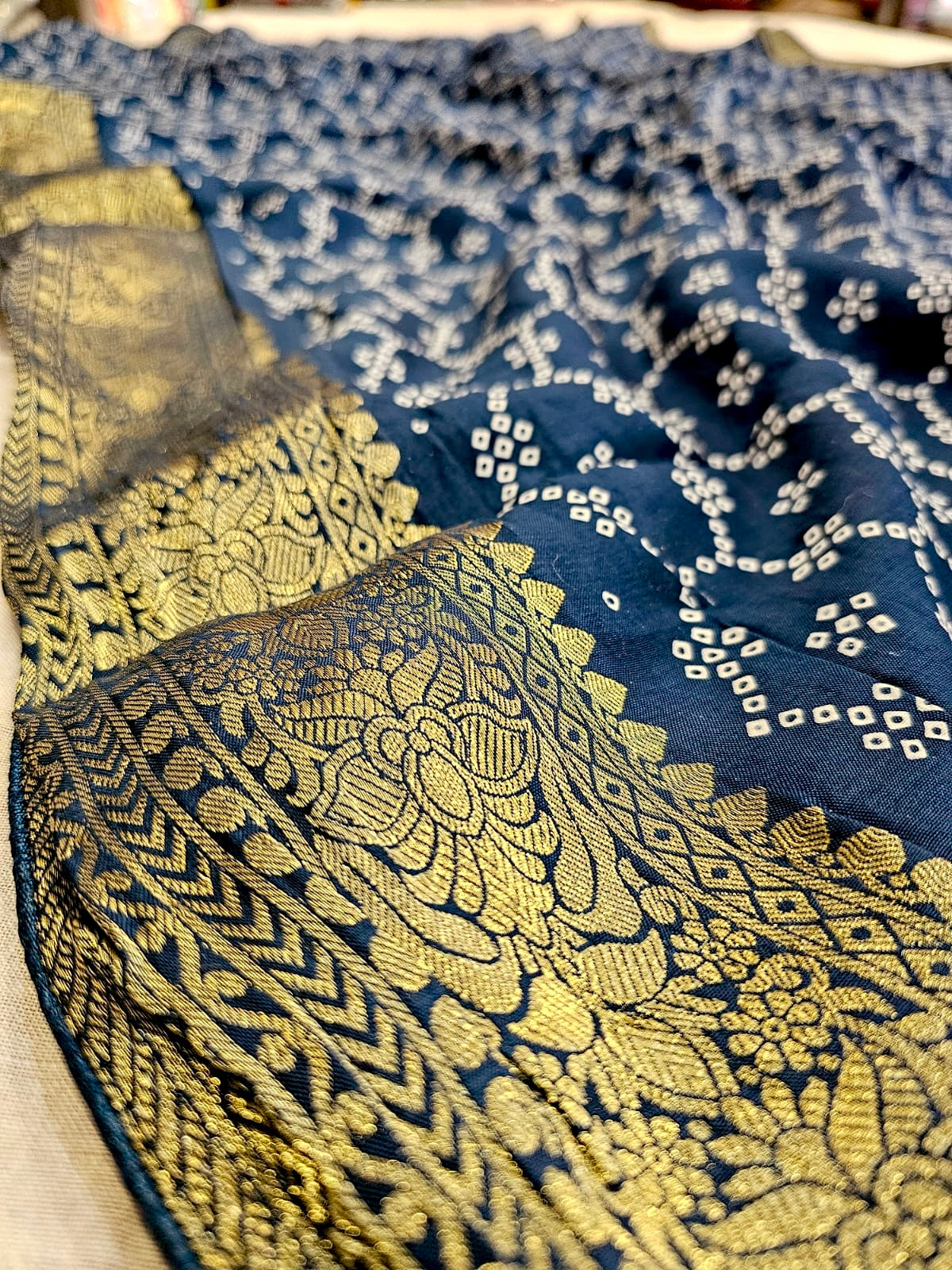 711006 Designer Bandhani Saree with Banarasi Pallu and Border - Blue