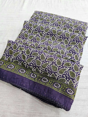 663001 Maslin Cotton Hand Block Ajrakh Printed Border Saree - purple