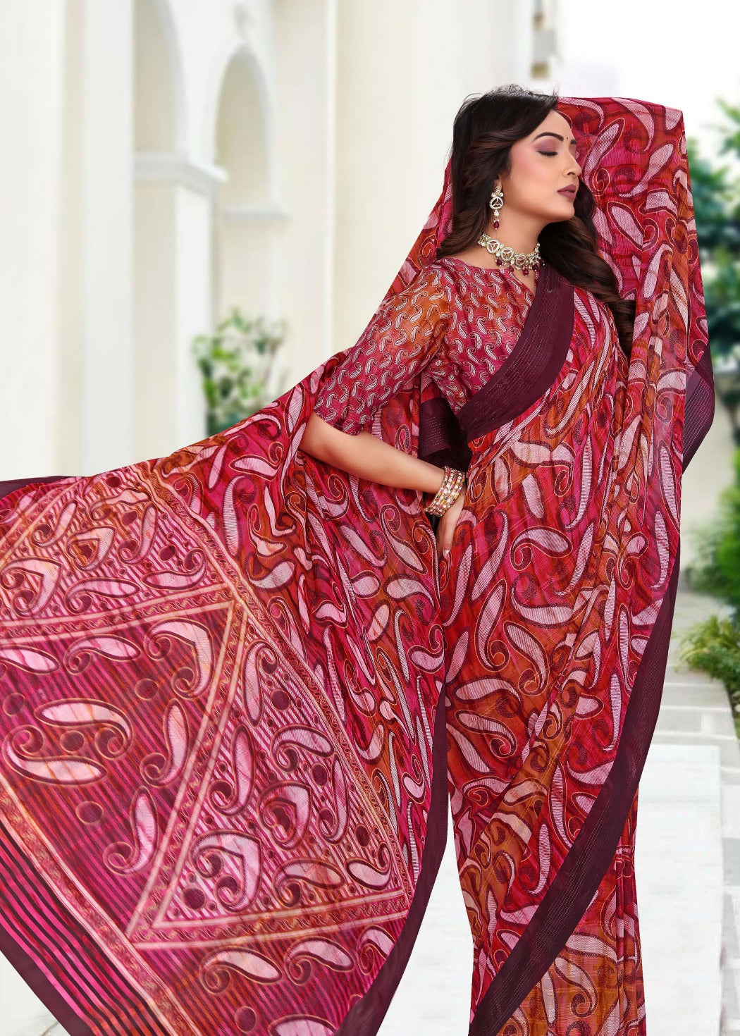 914002 Premium Georgette Saree with Unique Print - Rani