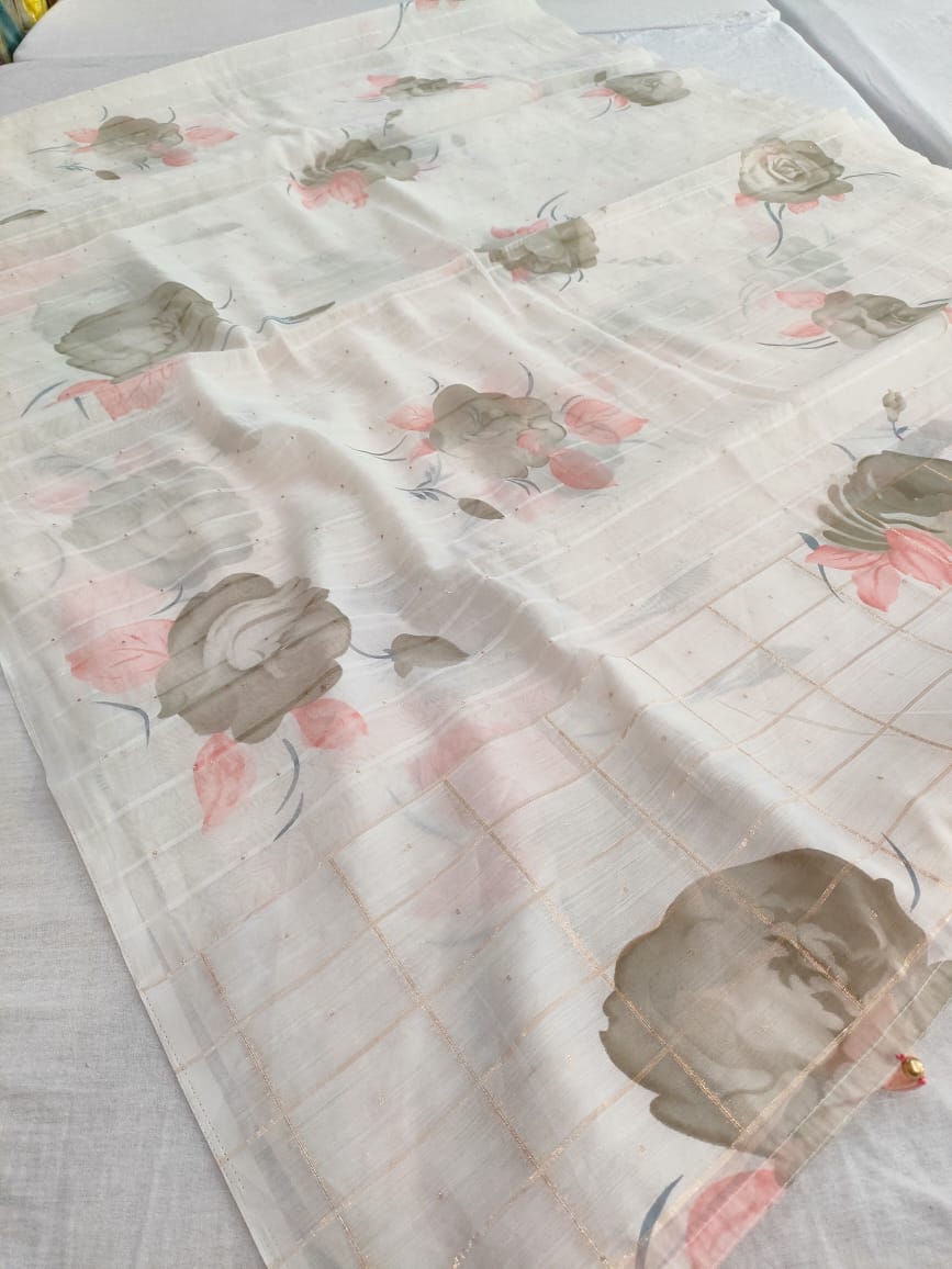 463005 Organza Semi Party Wear Printed Saree With Zari Weaving Blouse - Peach