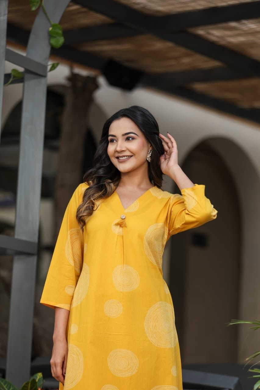 12161 Pure Cotton Aline Kurti With Pocket And Pant Set