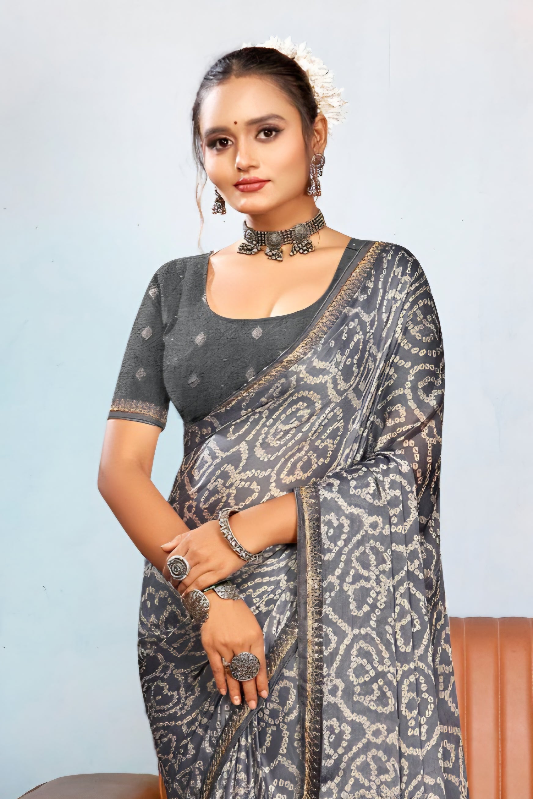 916003 Rajasthani Bandhani with Border - Gray