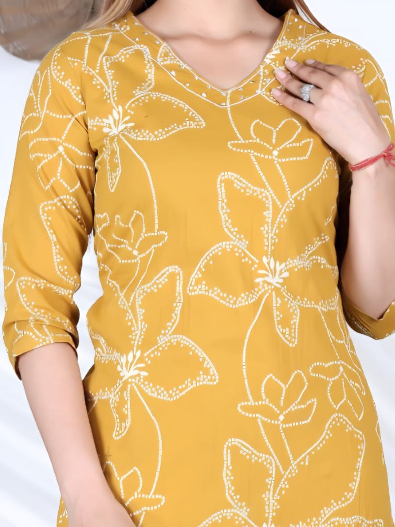 835001 Pure Cotton Straight Flower Print Cotton Kurti With Pant - Yellow
