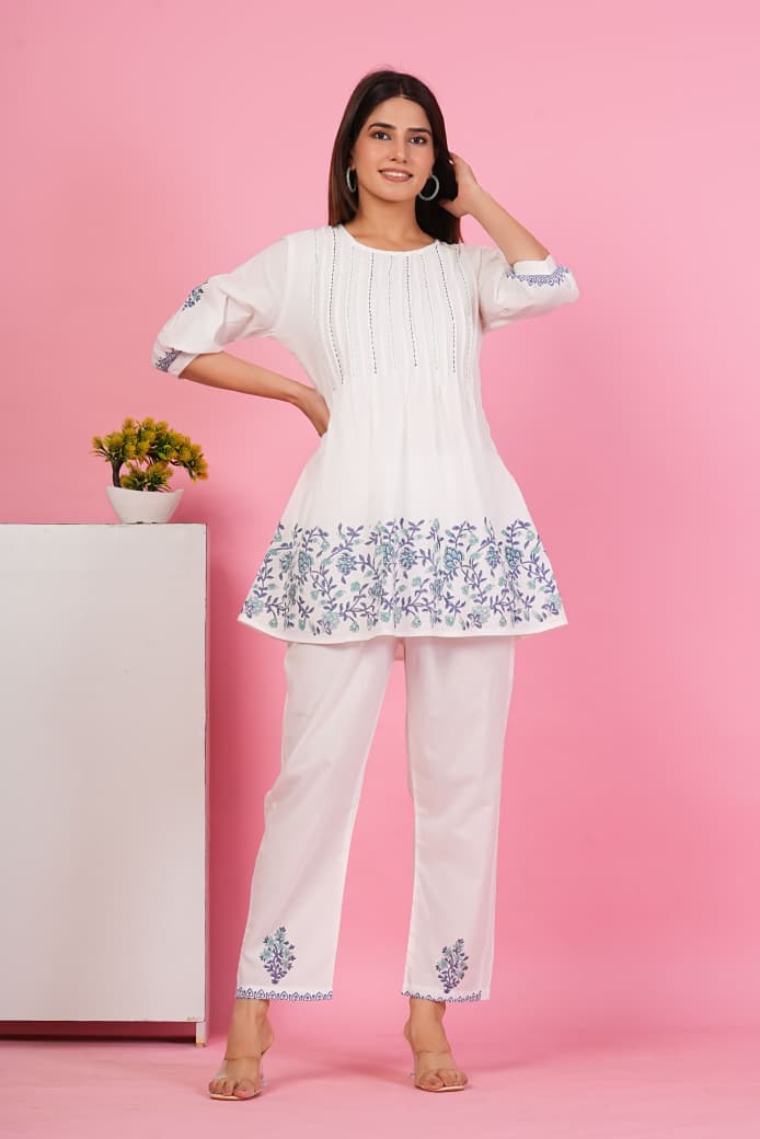 CA0798 Cream Embroidered Pure Malmal Cotton Co-Ord Set