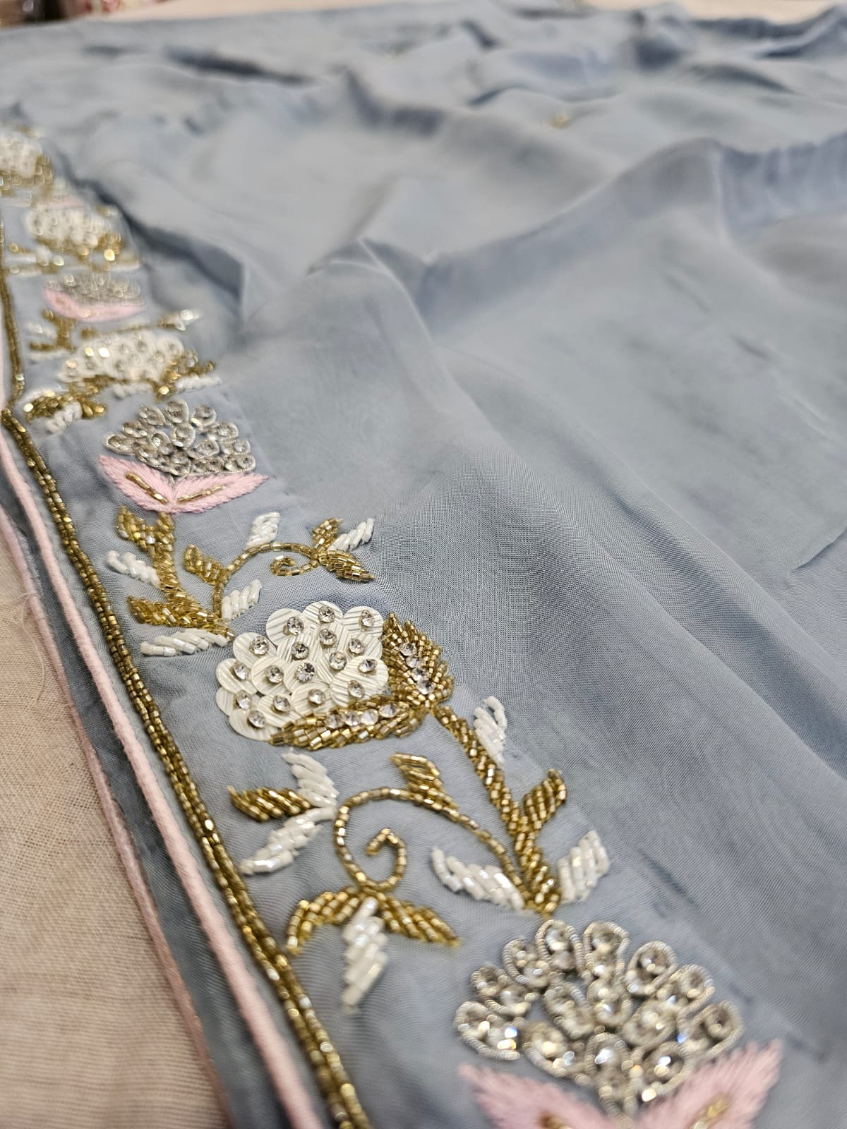 C74005 Elegant Pure Organza Saree Hand Embroidered with Diamond and Cutdana