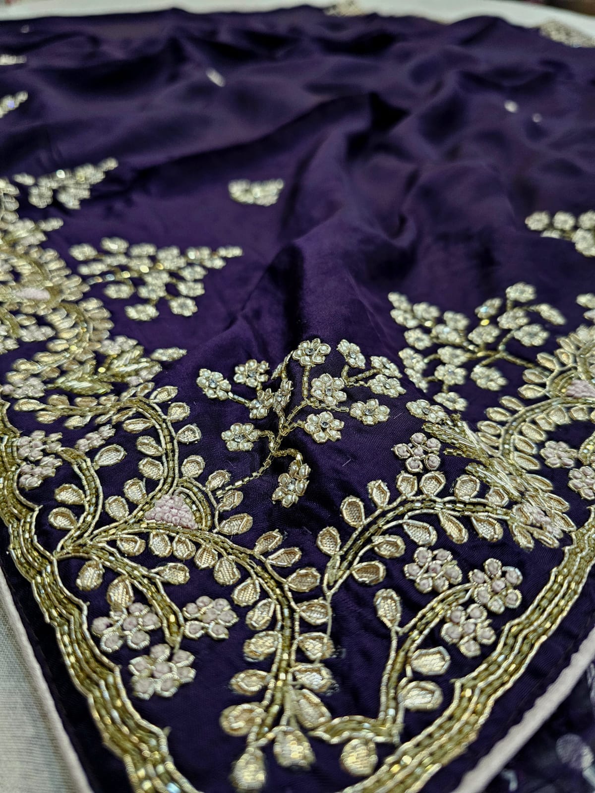 C74006 Elegant Pure Russian Silk Saree Hand Embroidered with Pearl and Cutdana