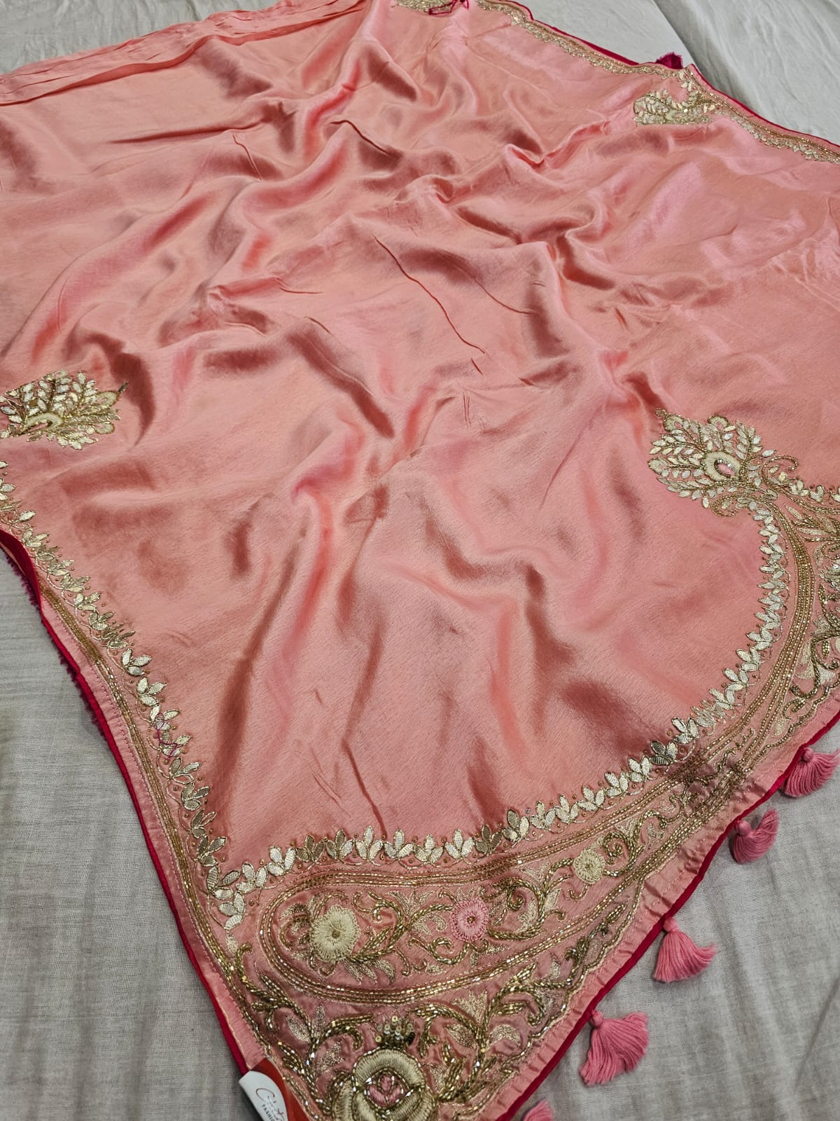 C74002 Elegant Pure Russian Silk Saree Hand Embroidered with Gota Patti and Cutdana